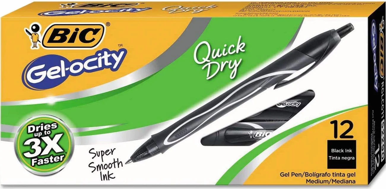 BIC Gel-ocity - Penne gel retrattili ad asciugatura rapida, punta media, 0,7 mm, fusto nero, inchiostro nero, confezione da 12