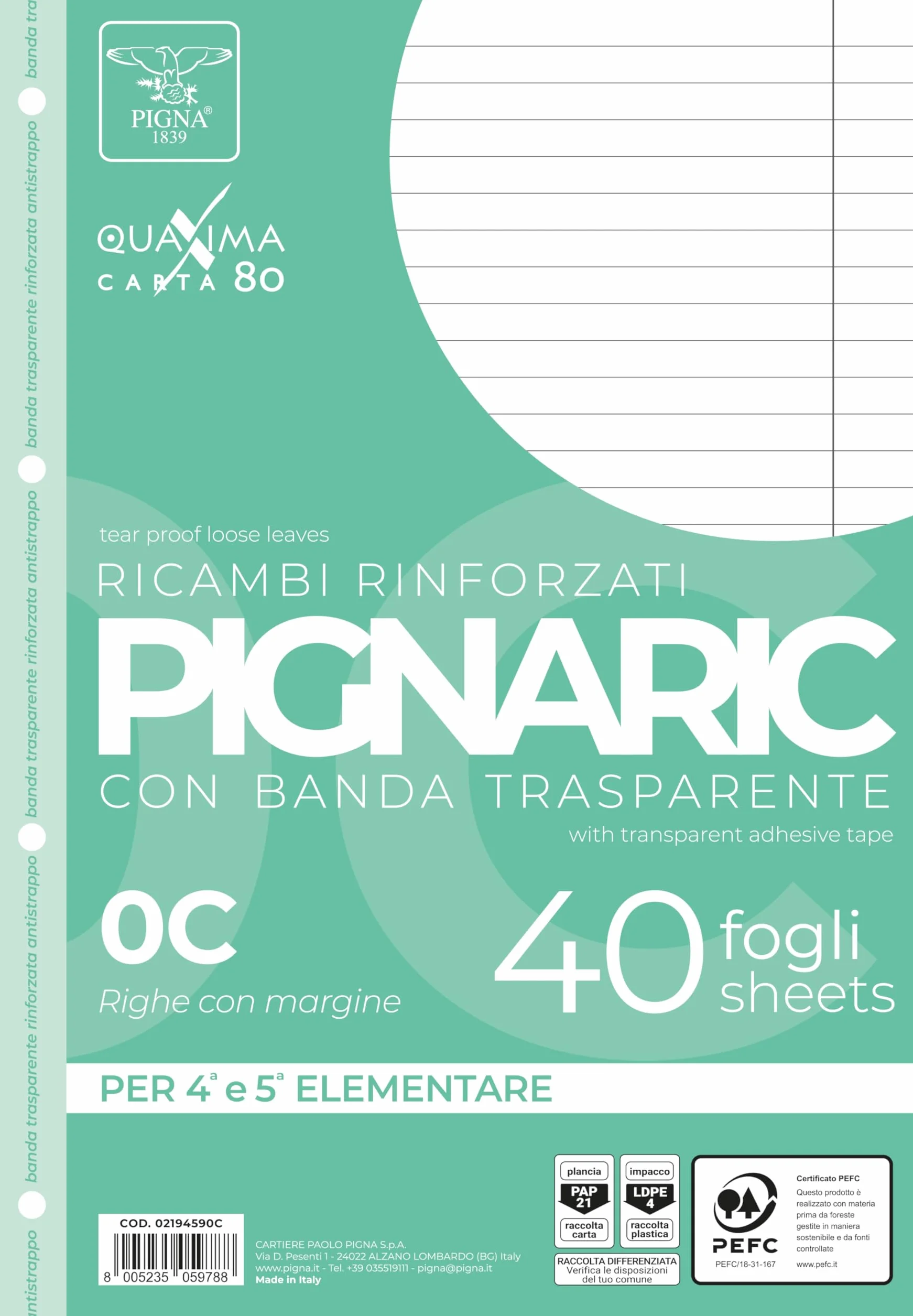 Pigna Fogli A4 21x29,7 con 4 fori per archiviazione, Confezione da 40 Ricambi, righe con margine