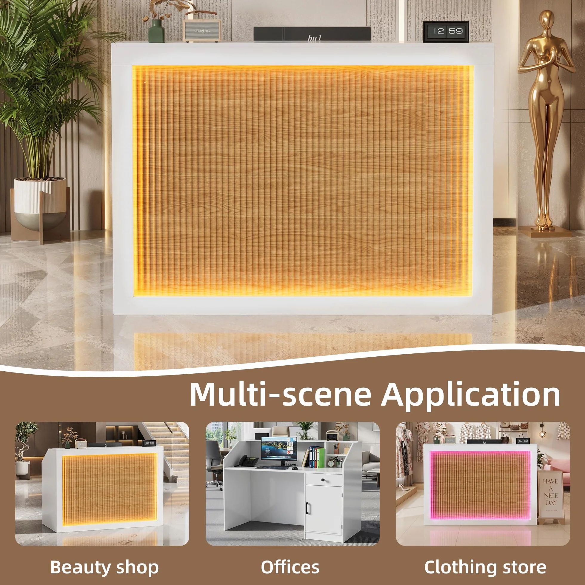 MSFE Bancone Reception con LED,Banco Reception con Cassetto,Armadio,Ripiani Aperti e Prese,Bancone Ufficio per Reception per Parrucchiere, Centro Estetico, Negozio, Hotel e Ufficio,140 * 60 * 110CM