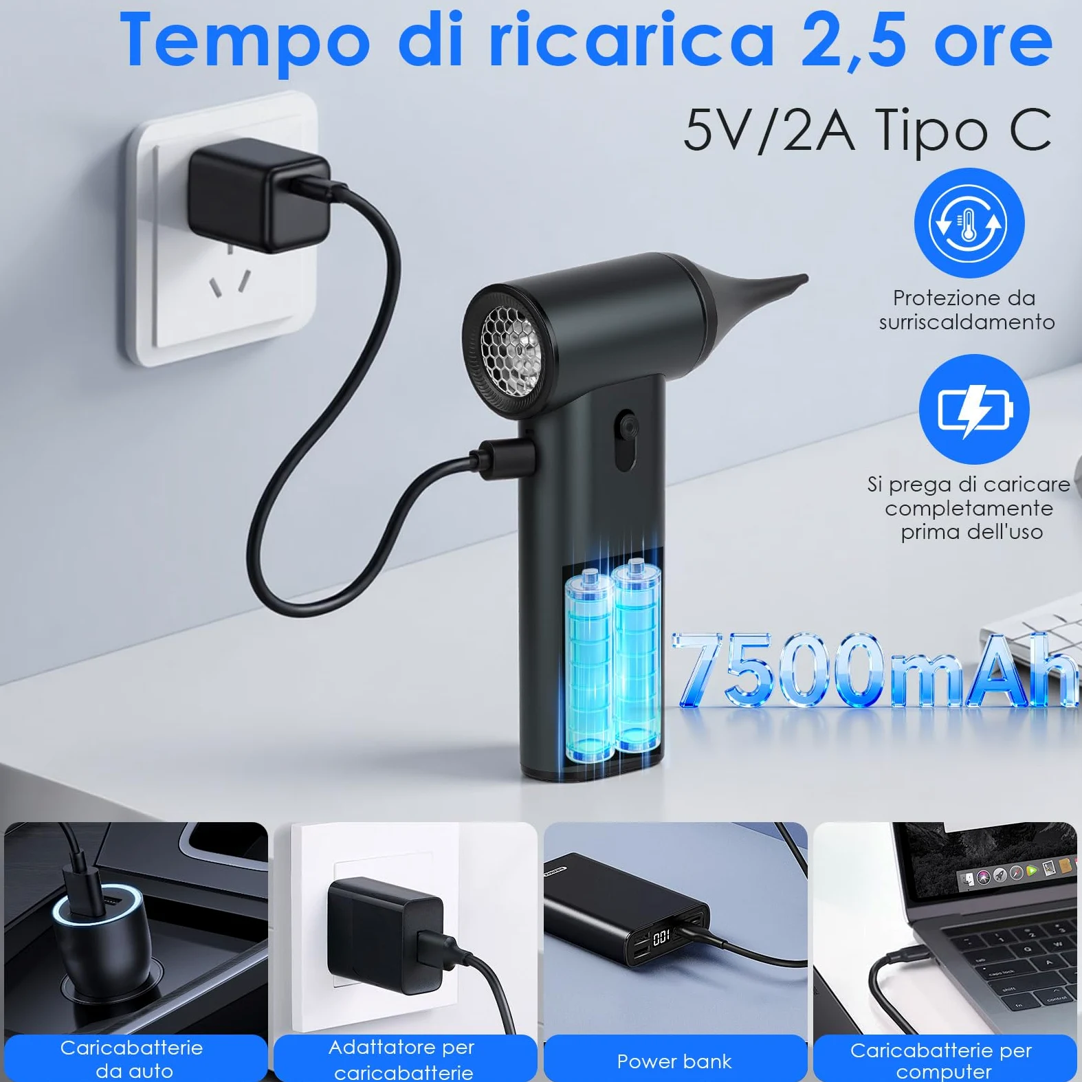 Soffiatore elettrico per la polvere, 180.000 giri/min, regolabile, 7500 mAh, ricaricabile tramite USB, set di pulizia per PC, laptop, auto, tastiere