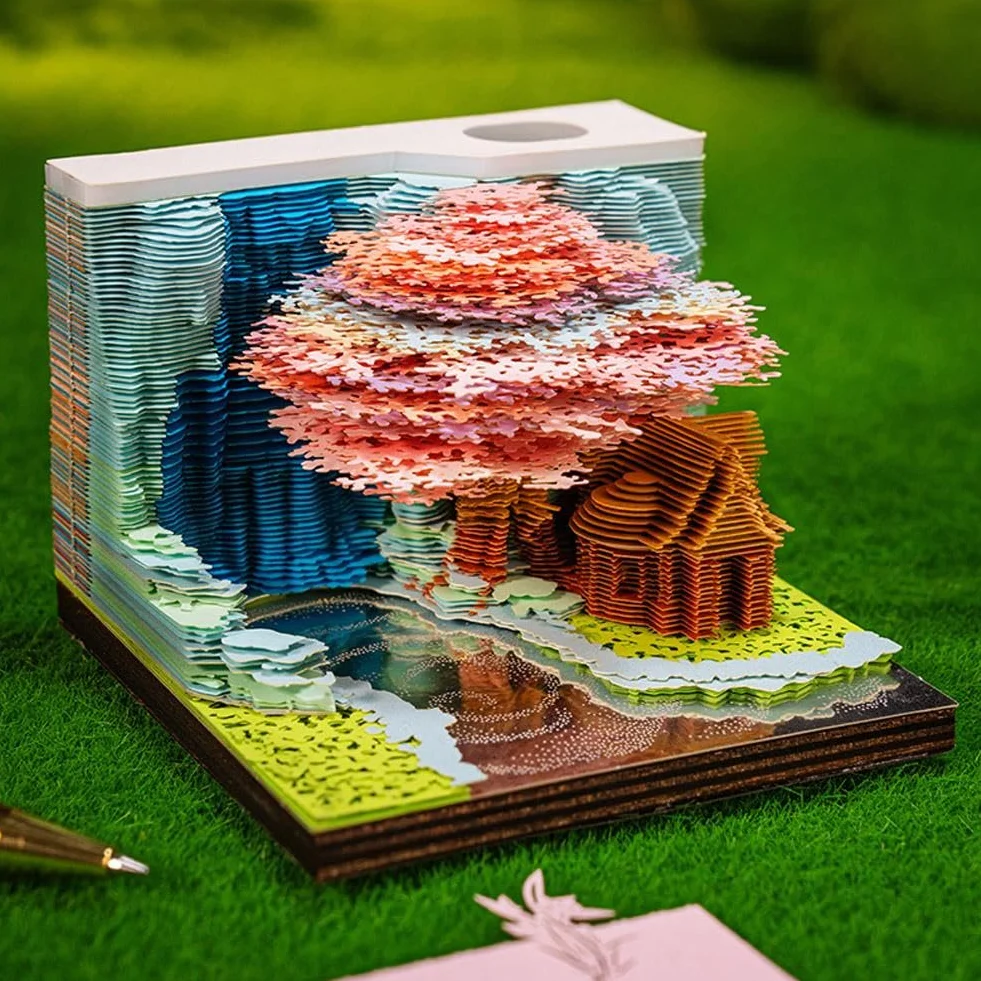 Calendario 3D 2026, Casa sull'albero con luce, creativo 3D Fantasy Casa sull'albero Memo Pad Calendario da scrivania, Casa sull'albero di fantasia, Scultura in carta per casa e ufficio, decorazioni da