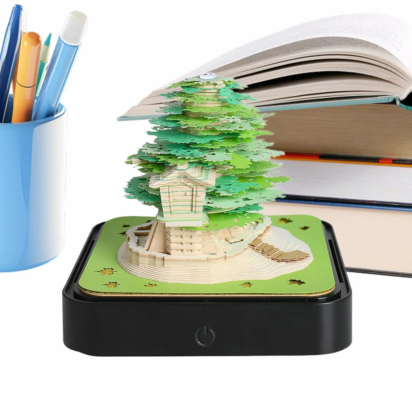 Calendario 3D da cancellare Blocco note design artistico albero e casa | Con Coperchio Trasparente Antipolvere, Scultura Blocco Note Staccabile Per Pianificazione Segnalibri Classe Ensei