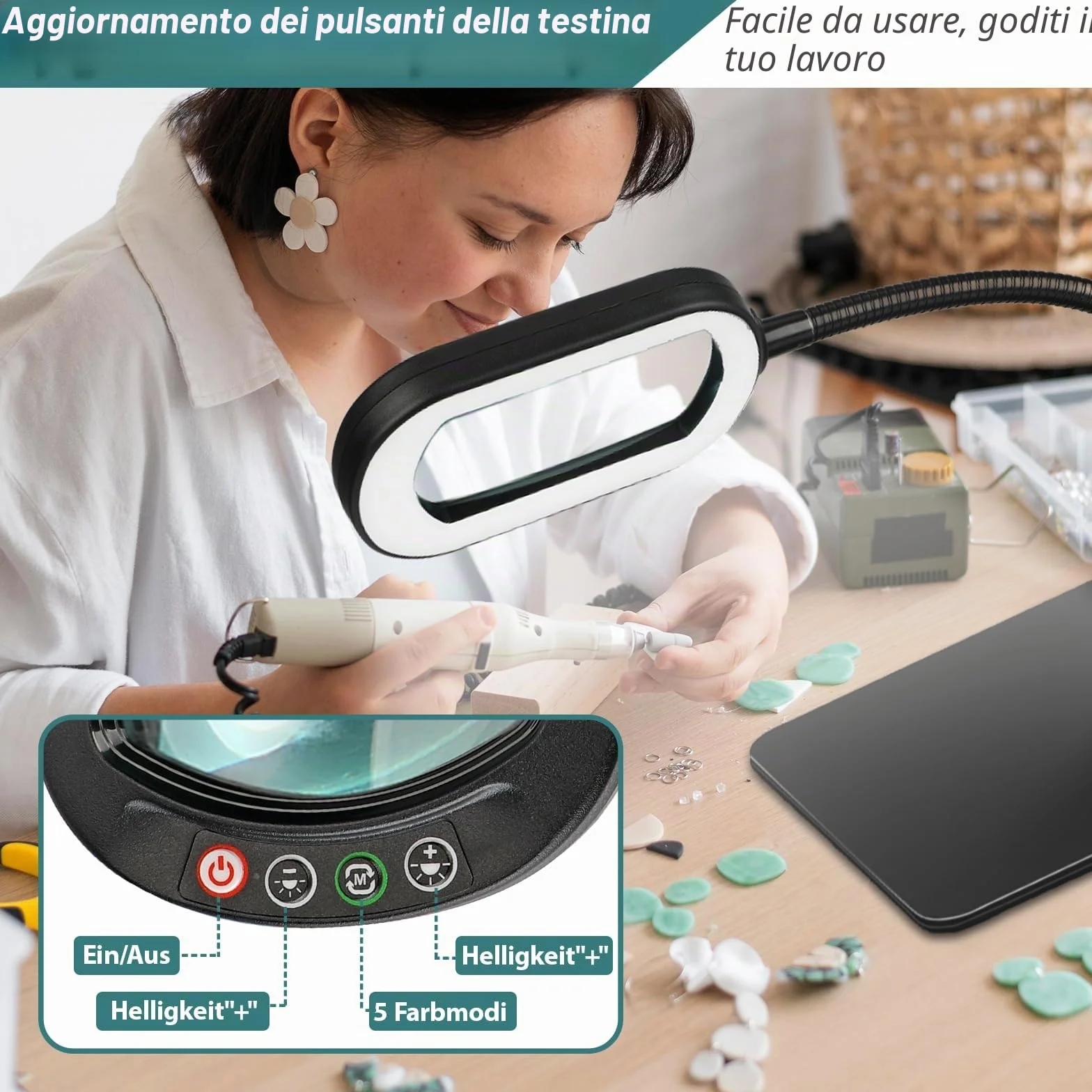 Drdefi 10X Rettangolare Lente di Ingrandimento con Luce LED, Lampada da Scrivania Flessibile con Collo di Cigno, 5 Modalità Colore
