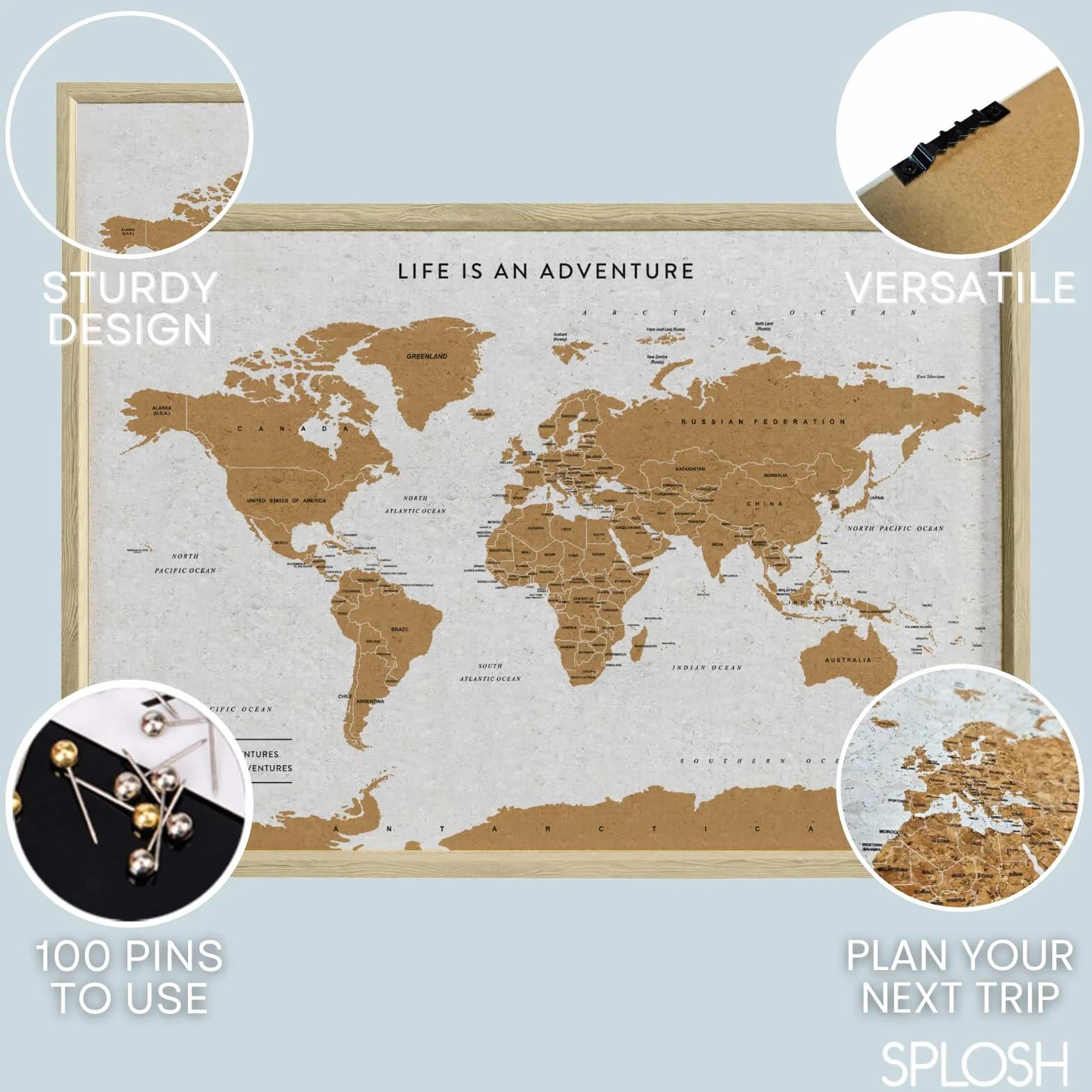 Splosh Mappa da Viaggio - Bacheca Mappa del Mondo da Scrivania con Puntine in Cornice di Legno Bianco Bacheca in Sughero Mappa del Mondo con 100 Puntine in 2 Colori per Segnare le Tue Avventure
