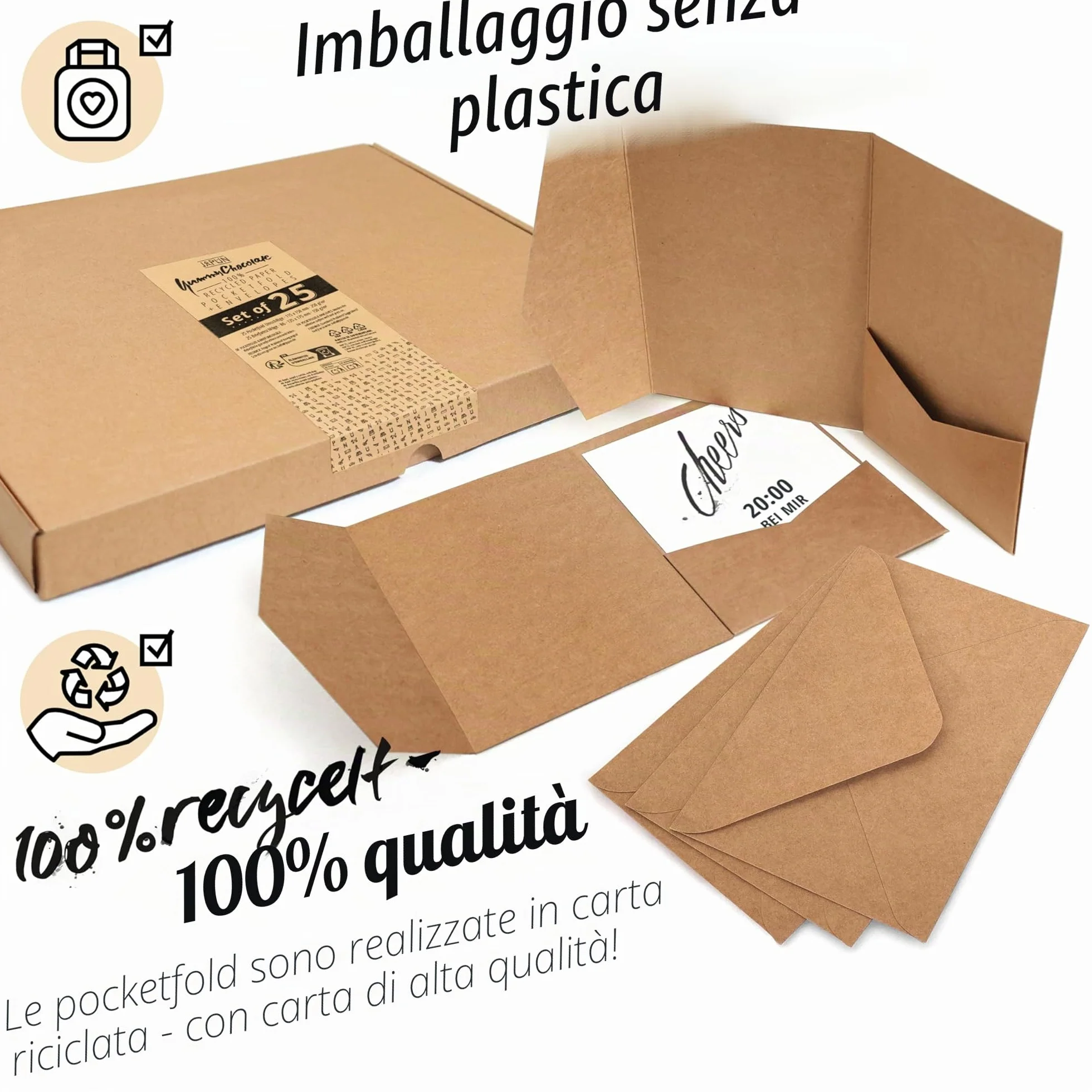 Japun Pocketfold Biglietti carta kraft vuoti tascabili con buste DIN B6 inviti nozze marrone 25 pezzi