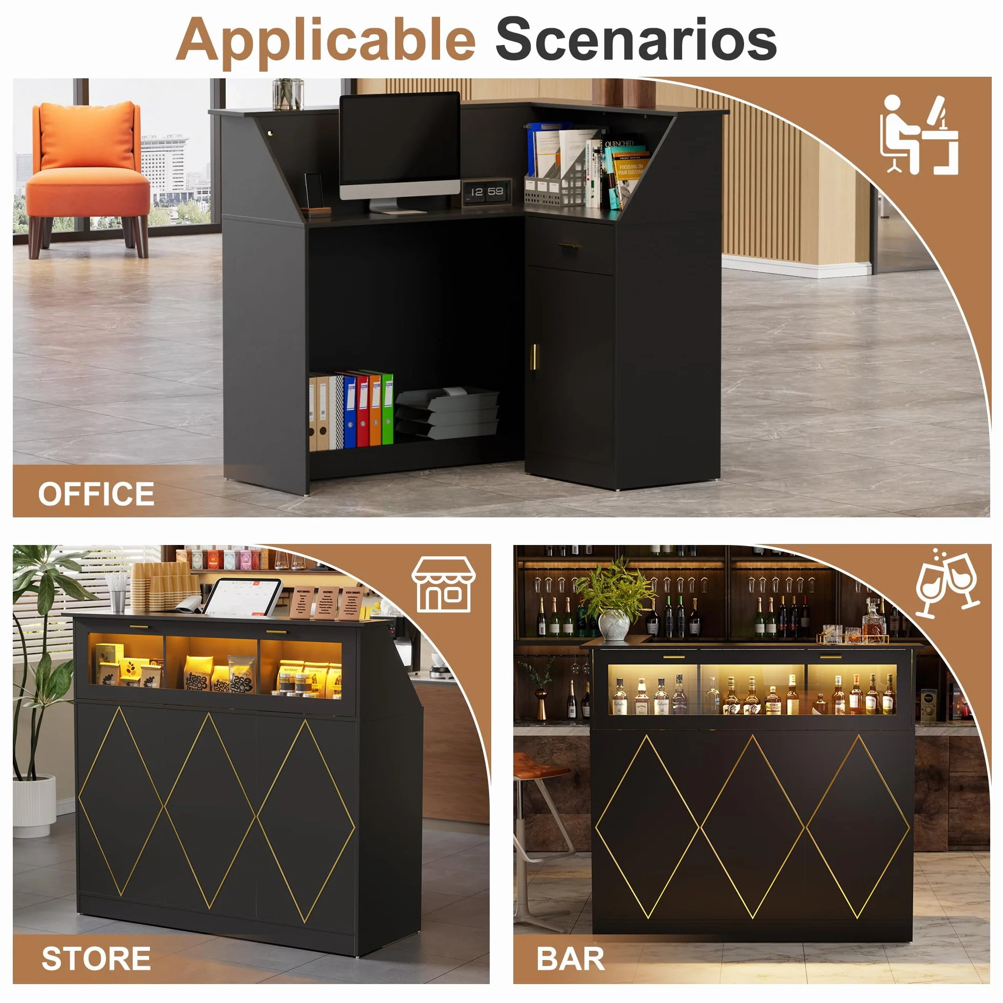MSFE Bancone Reception con LED, Banco Reception L con Cassetti e Armadi, Moderno Bancone Negozio Reception Estetica Banco Cassa per Hotel, Ufficio,Centro Estetico,126x93x111cm (Nero)