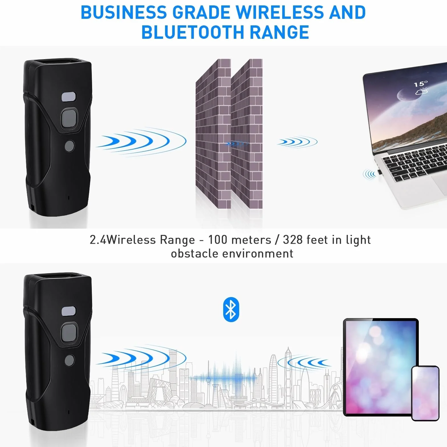 Lettore di codici a barre Bluetooth mini 2D portatile senza fili lettore di codici a barre 3 in 1 e 2,4 G