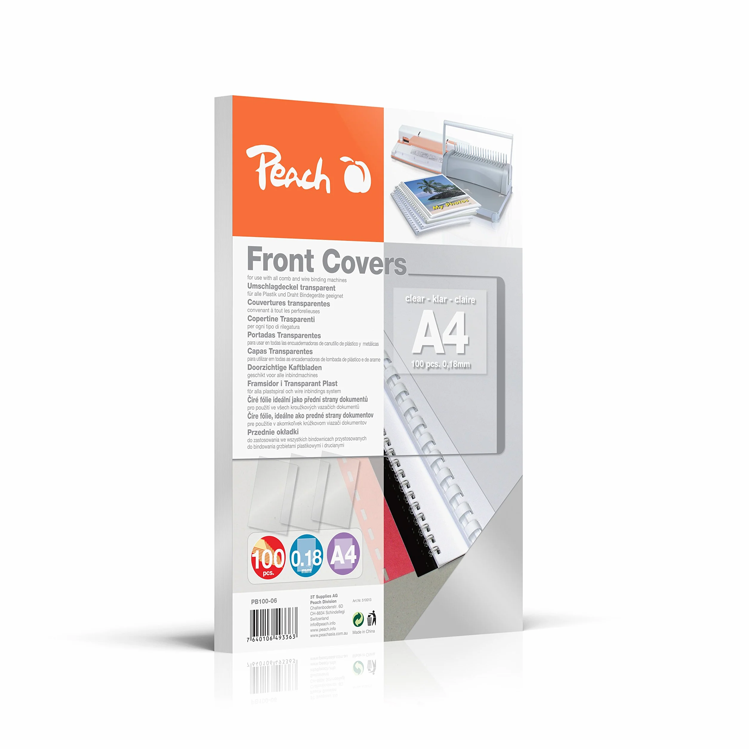 Peach Clear Cover Sheets 0.18mm A4 100 Sheets Transparent