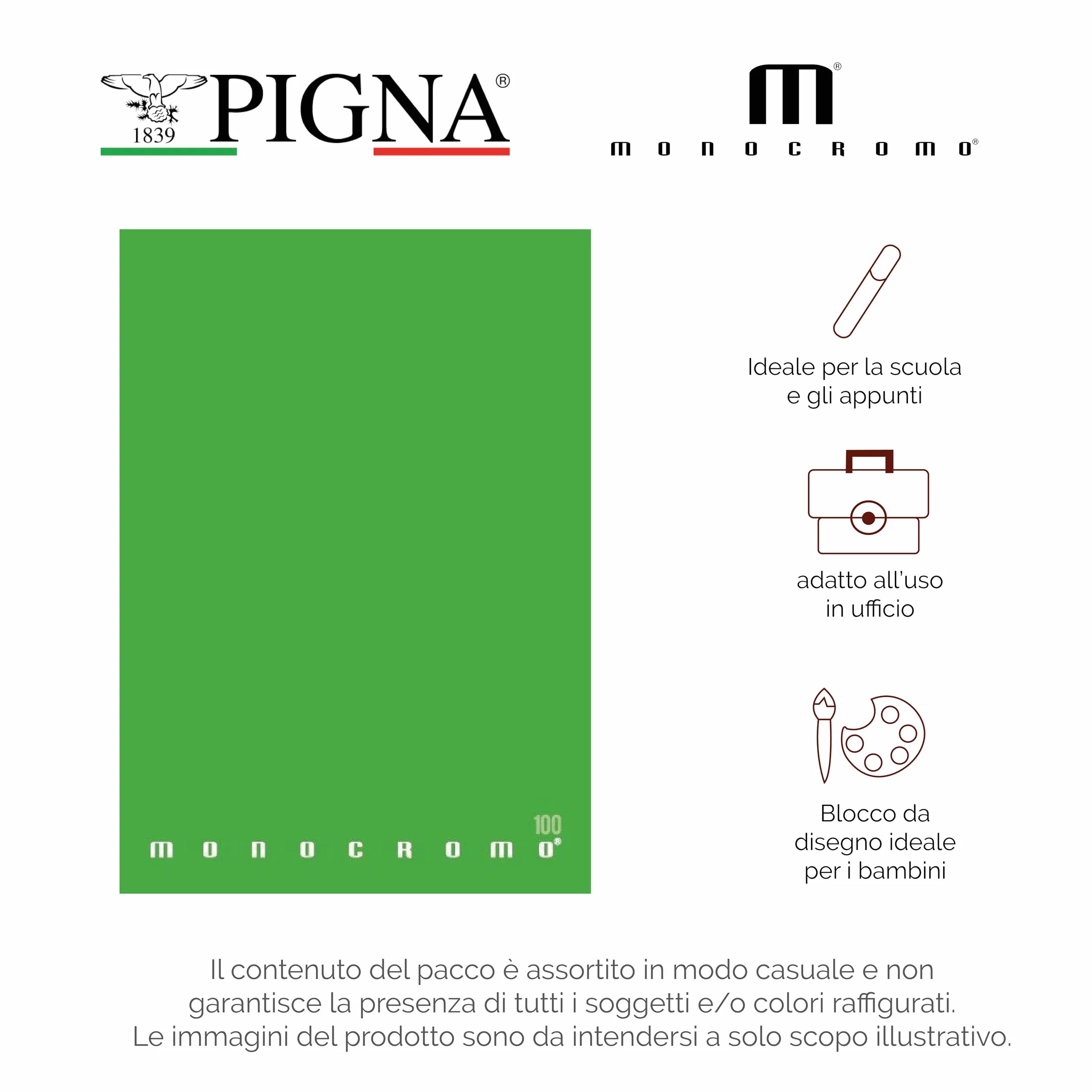 Pigna Monocromo Quaderno A4 Rigatura 0Q Quadretti 5mm Margine 100g/mq Pacco 10 Pezzi