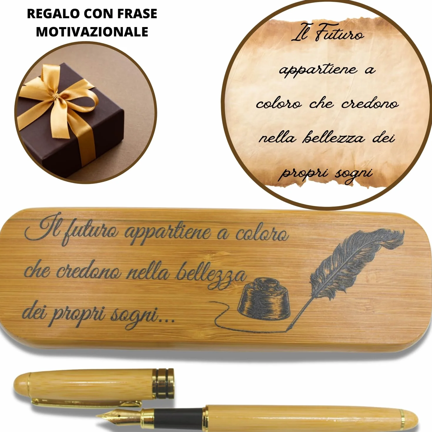 Amore Legno Sforza Penna Stilografica Elegante, Regalo Uomo Donna Laurea Compleanno con Frasi Motivazionali, Scatola Bamboo