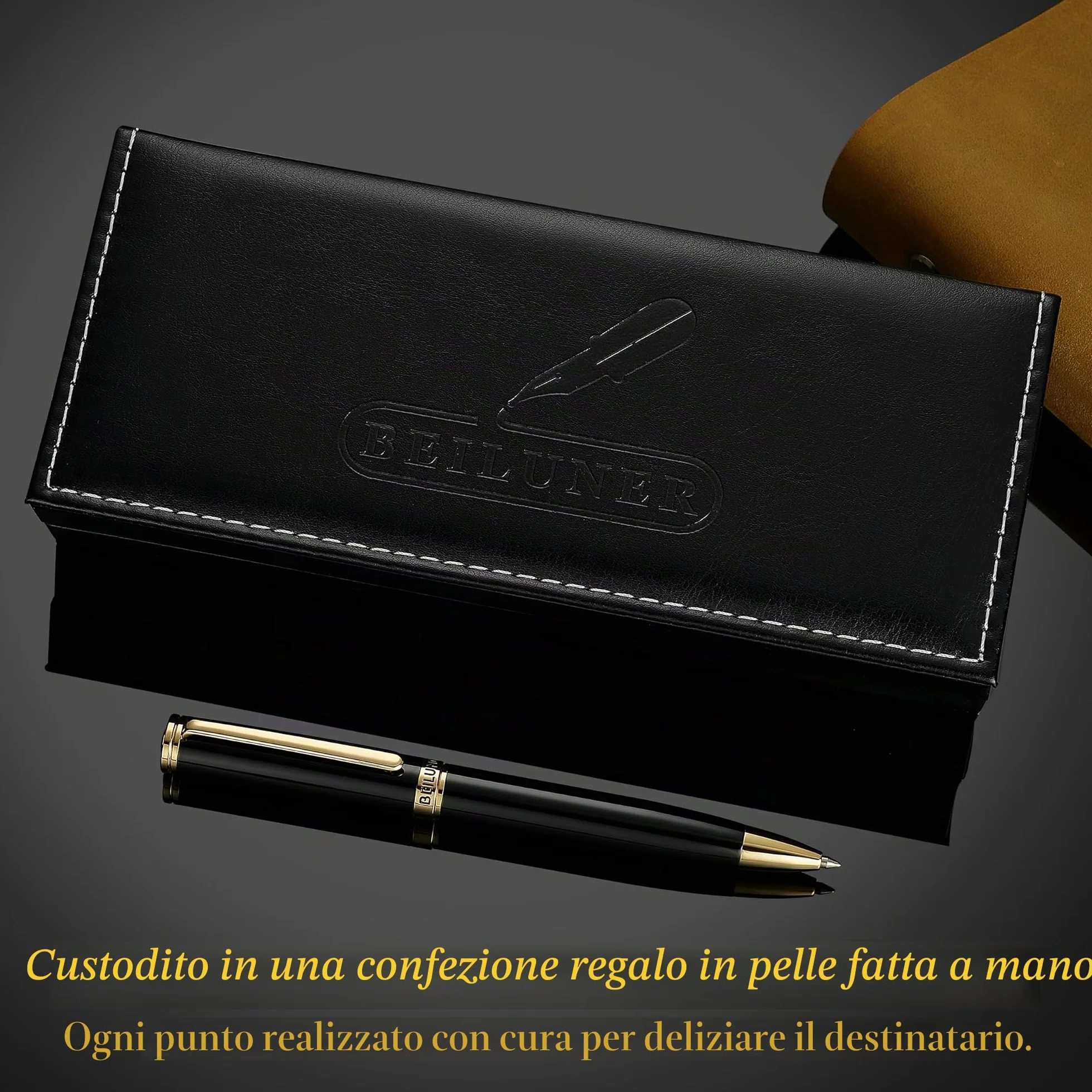 BEILUNER Penna a Gel Lusso con Finitura Oro 24K, Lacca Nera Piano, Artigianato di Classe, Miglior Set Regalo per Uomo/Donna, Professionale, Executive, Ufficio, Retrattile