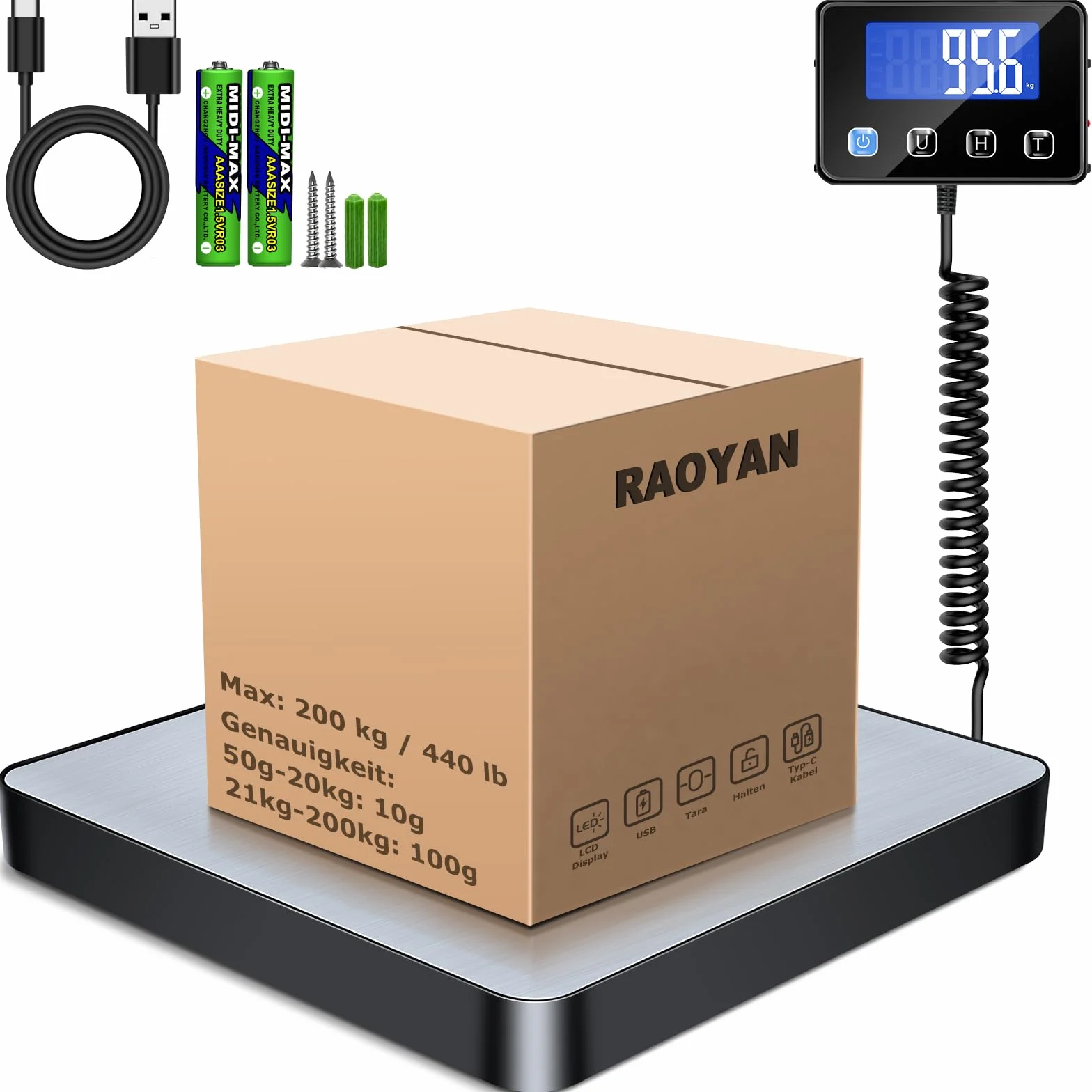 Bilancia Professionale 200kg/10g Alta Precisione Hold Tara Display LCD Montato a Parete per Pacchi e Bagagli Incluse 2 Batterie e Cavo di Ricarica