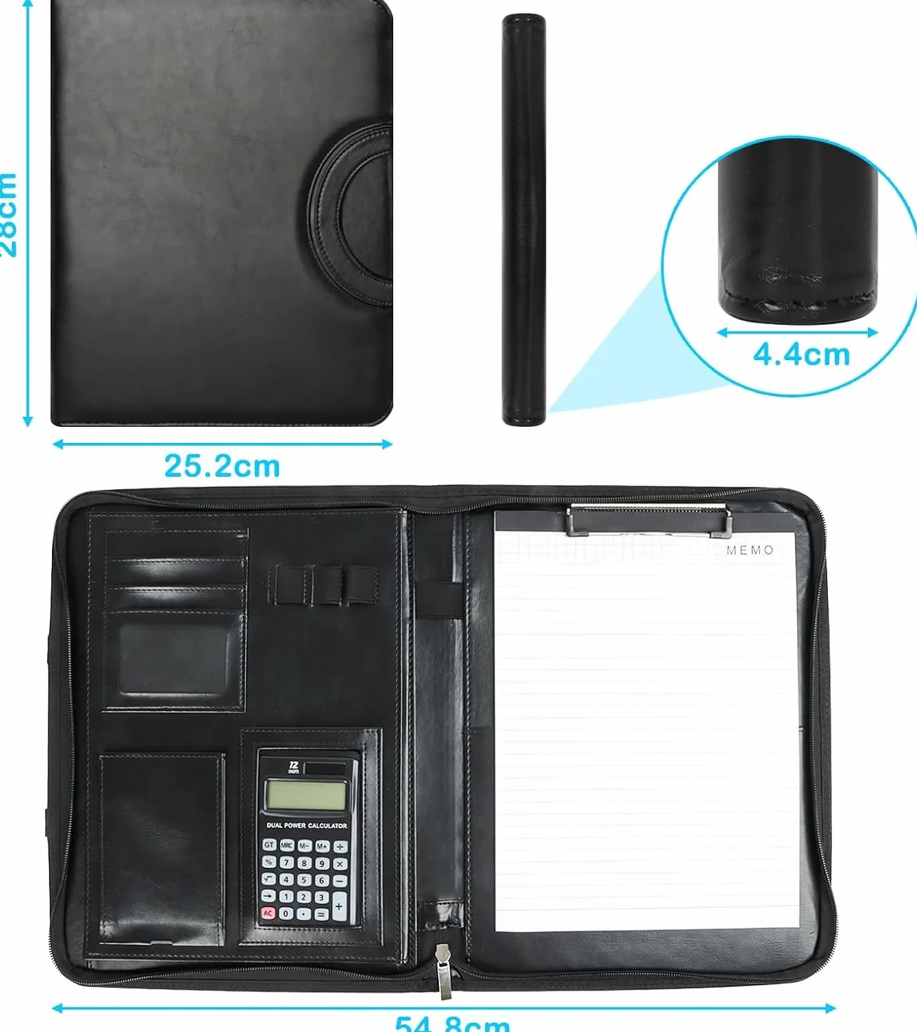 Cartella Portadocumenti A4 in Pelle con Calcolatrice e Cerniera, Portablocchi Organizer – Nero