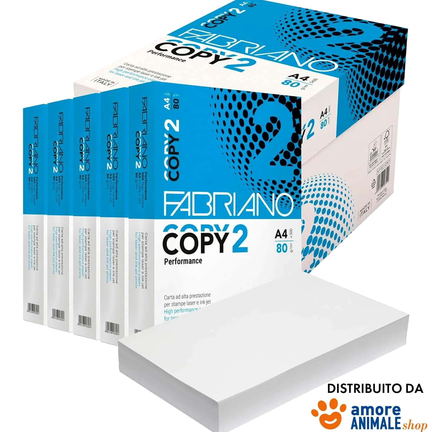 Carta A4 per Stampante Fabriano Copy 2 Amore Animale - 5 Risme da 500 Fogli - 2500 Totali, Carta da 80 gr Per Ufficio, Fotocopie, Multiuso (5 Risme)
