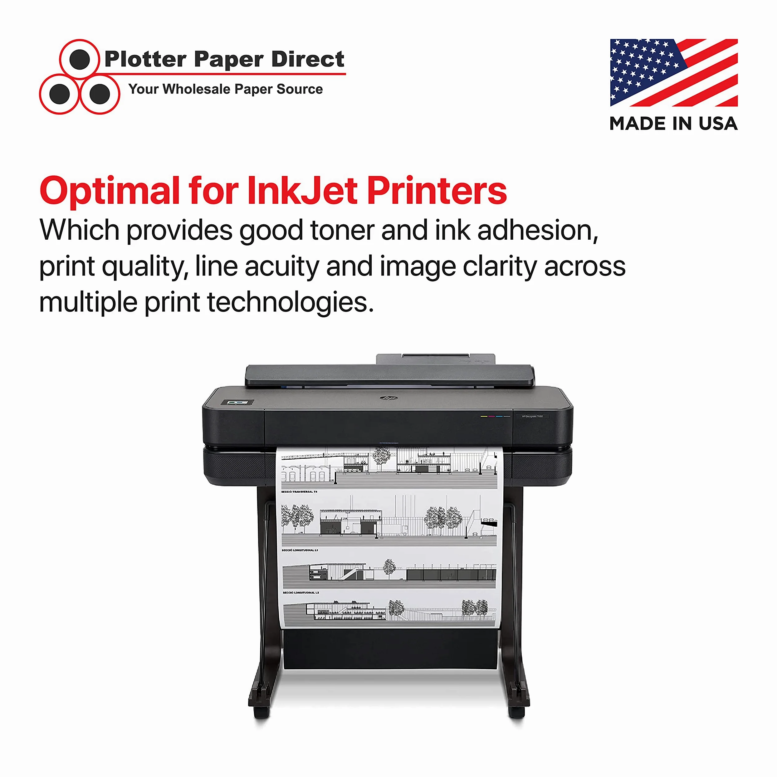 Plotter Paper Direct Carta bianca rivestita per plotter da 61 cm x 30,5 m, 16,3 kg, nucleo da 5,1 cm, 92 bianco brillante, per stampa CAD su stampanti a getto d'inchiostro di ampio formato (confezione