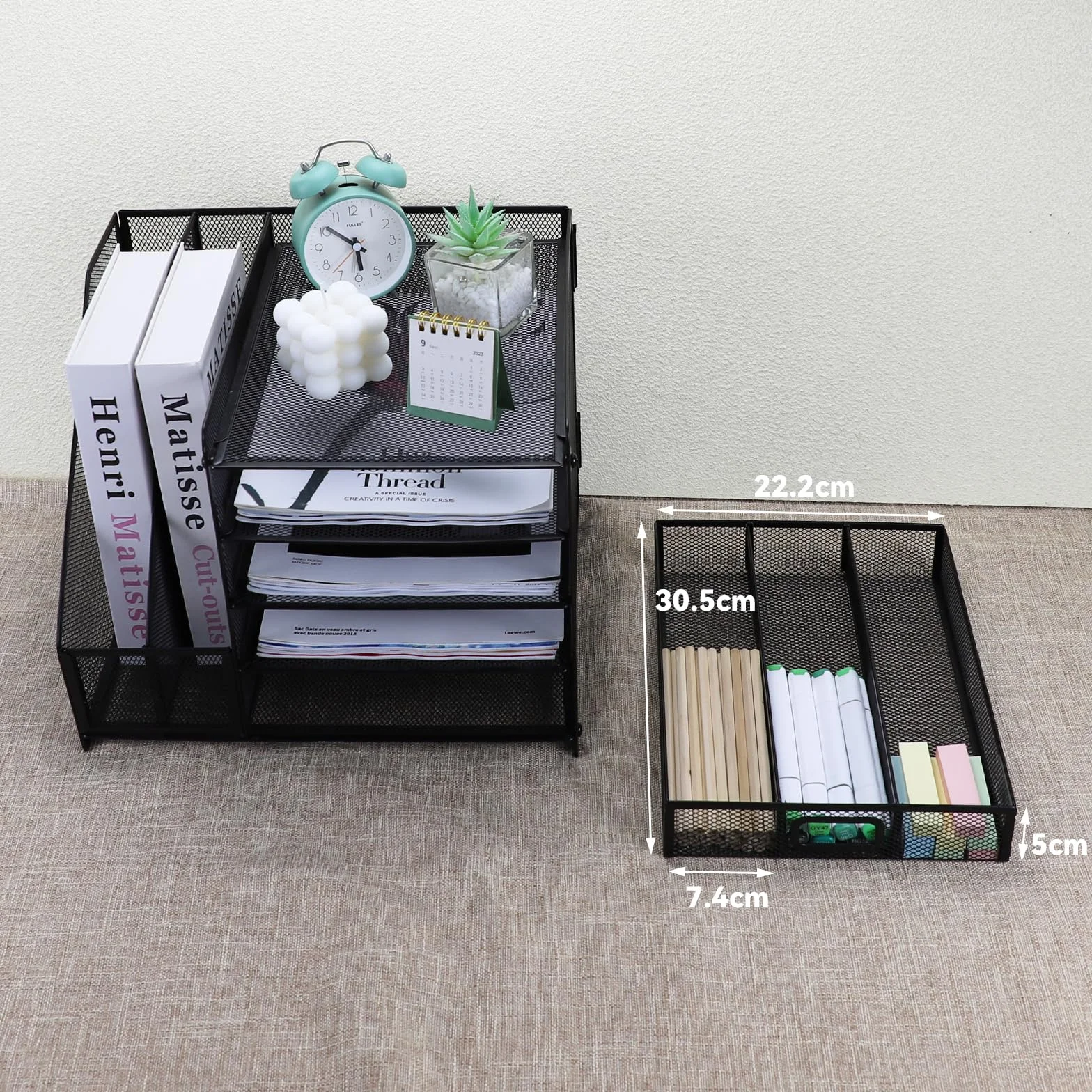 Organizer Scrivania, Vassoio per Lettere a 5 Livelli con Porta Documenti, Organizer da Scrivania in Rete Metallica con Cassetto e 2 Portapenne, Porta Riviste Multifunzione per Casa e Ufficio