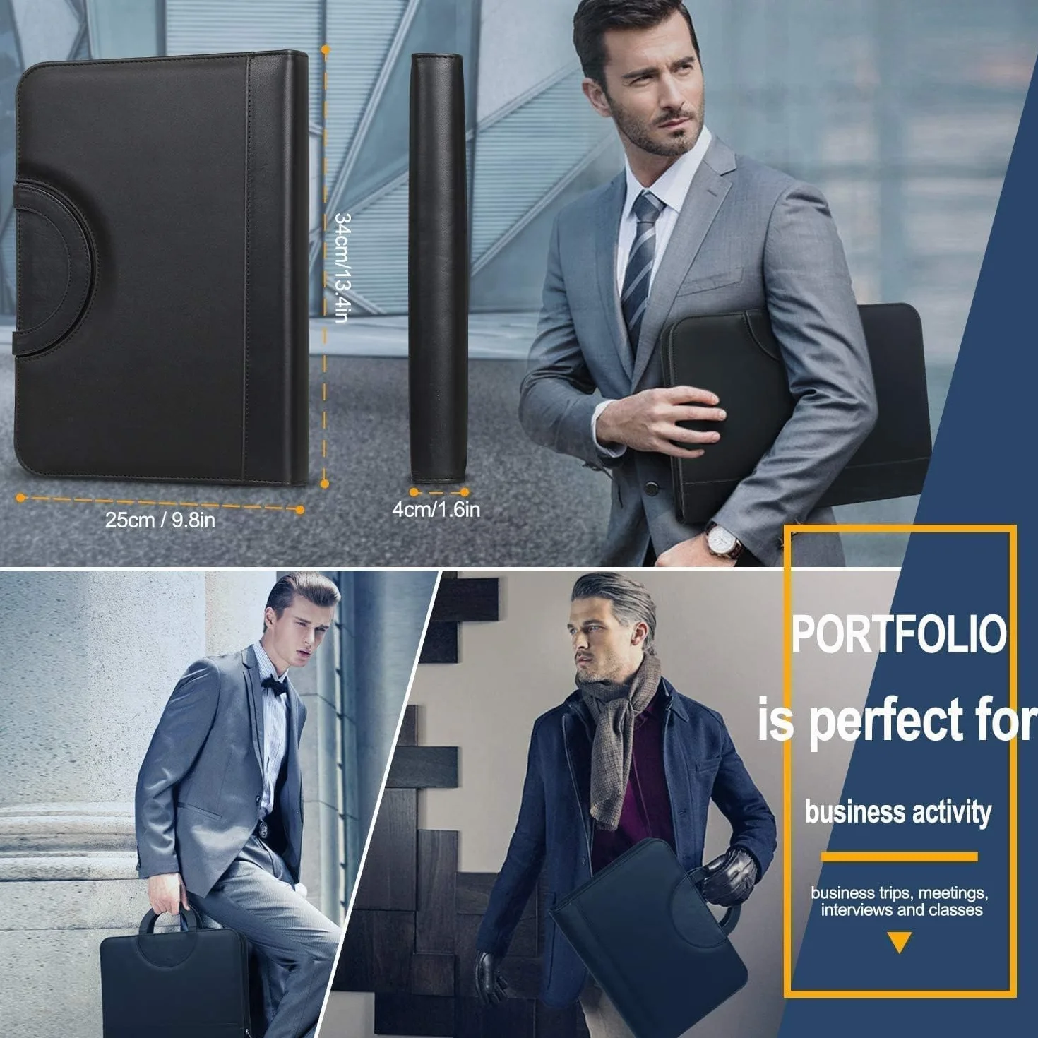 Cartella portadocumenti A4 in pelle con calcolatrice, raccoglitore ad anelli, manici magnetici pieghevoli, supporto tablet e smartphone