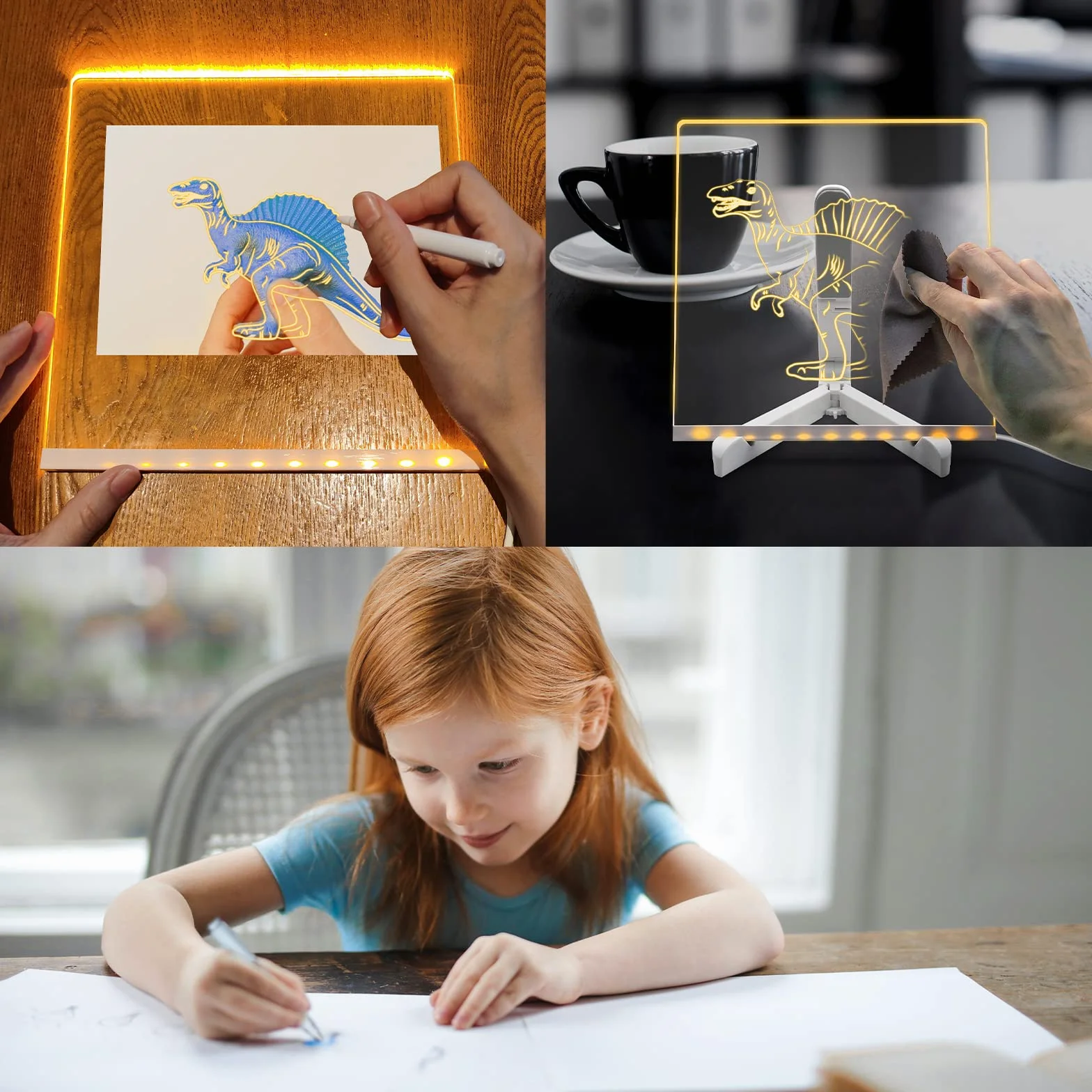 lavagna cancellabile a secco in acrilico con supporto luminoso, 20 x 20 CM lavagna bianca chiara LED tavolo da disegno ufficio Memo Piano Note, lavagna LED luce LED calda