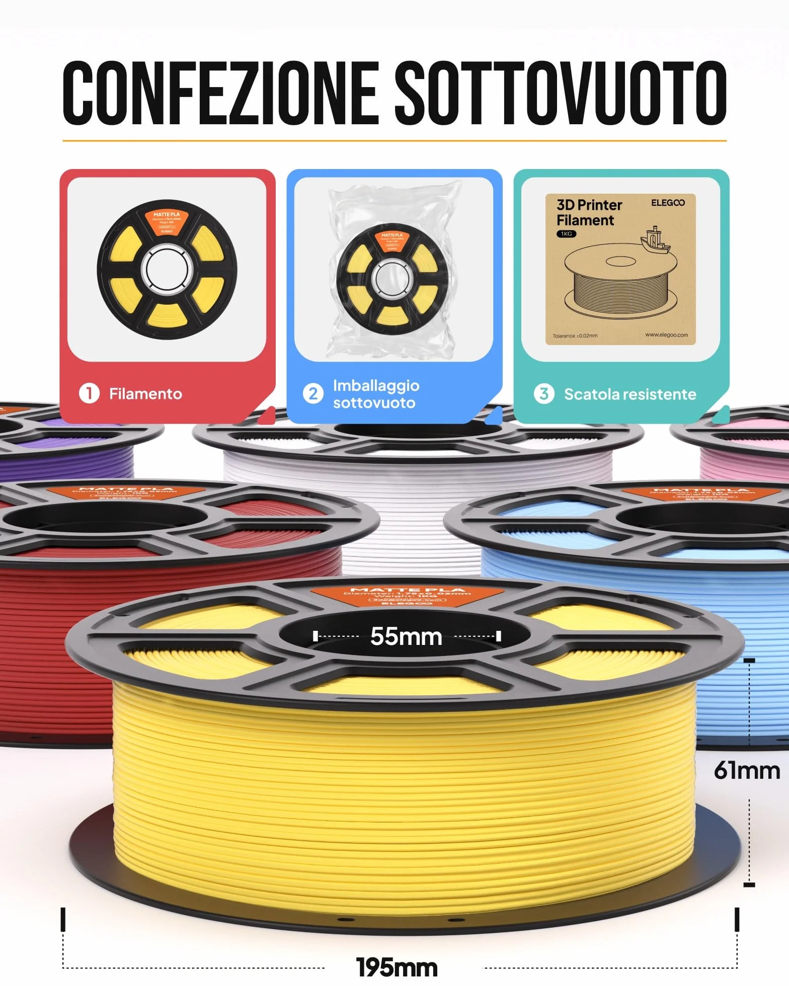ELEGOO Filamento PLA Matte Bianco 1,75 mm 1 kg per Stampante 3D FDM