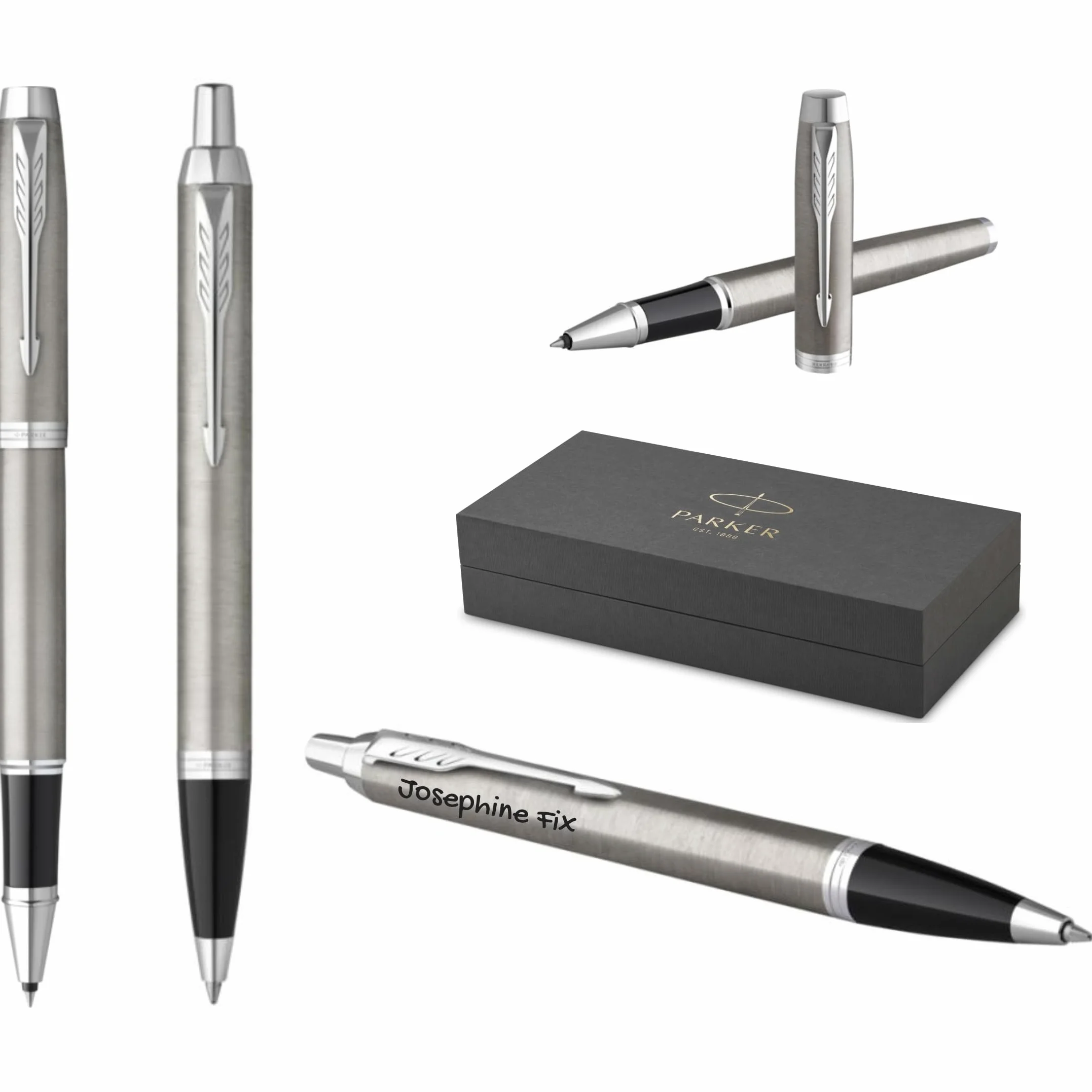PARKER IM Core Roller e Penna a Sfera con Incisione | Penna Premium | Confezione Regalo | Mina Nera | Regalo Personalizzato | Nomi Incisi | Compleanno (Metallo Spazzolato C.C.)