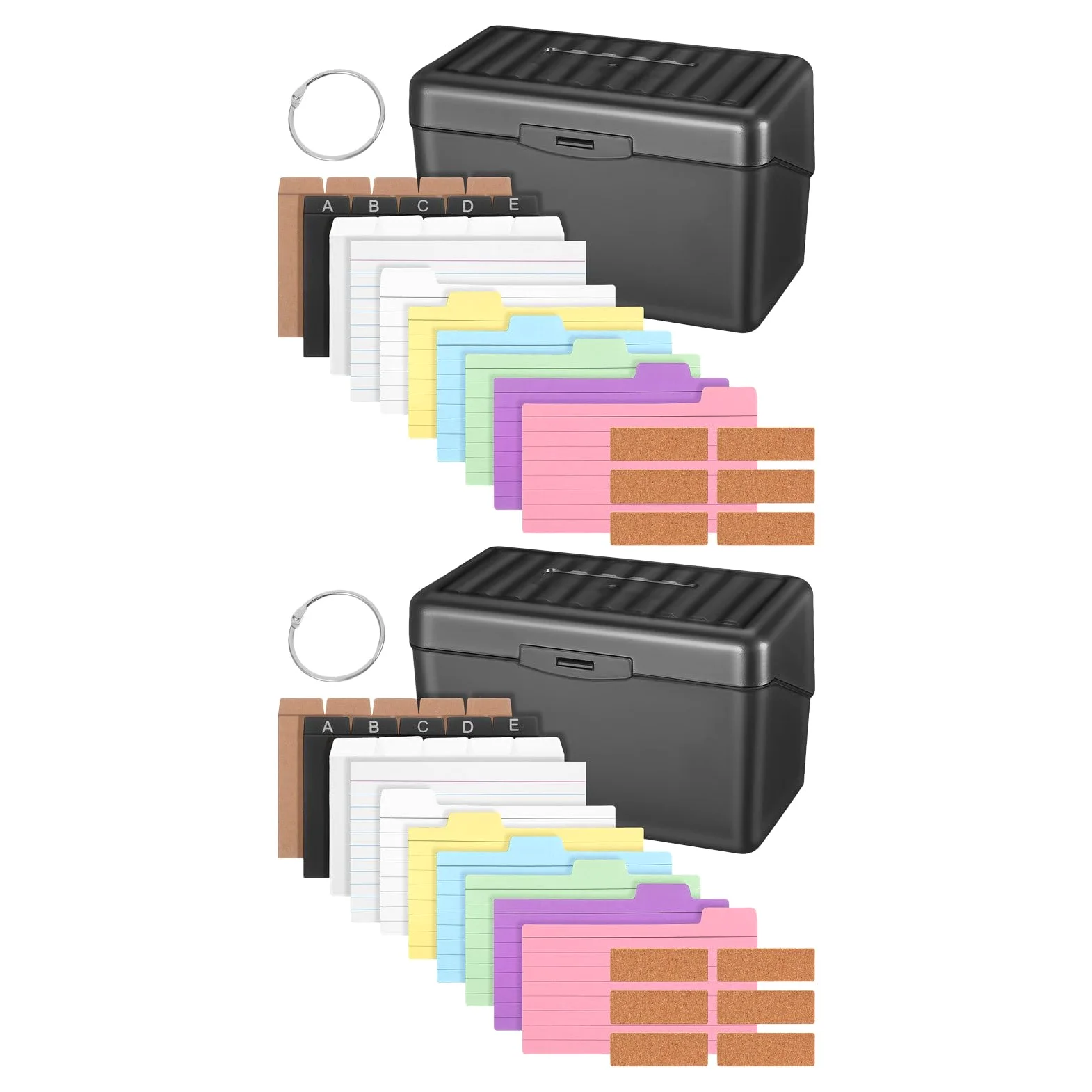 2 set di kit organizer per schede indice, divisori neri, schede a righe colorate, anelli per raccoglitore in metallo ed etichette in sughero per scuola, ufficio, studio, ricette