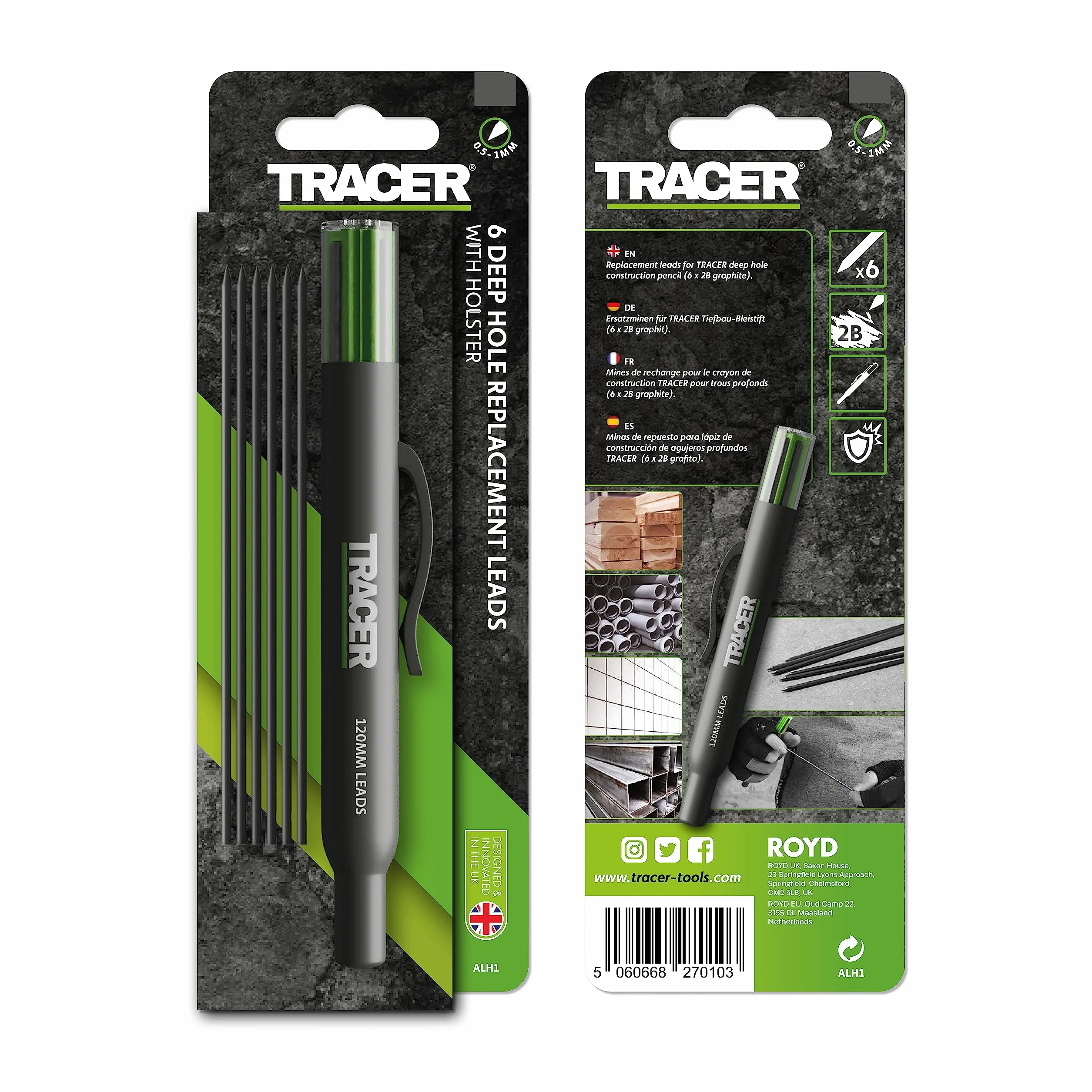 Tracer 6 x dispenser di piombo di ricambio 4 x 2B grafite scura mine 2 x cavi alternativi gialli