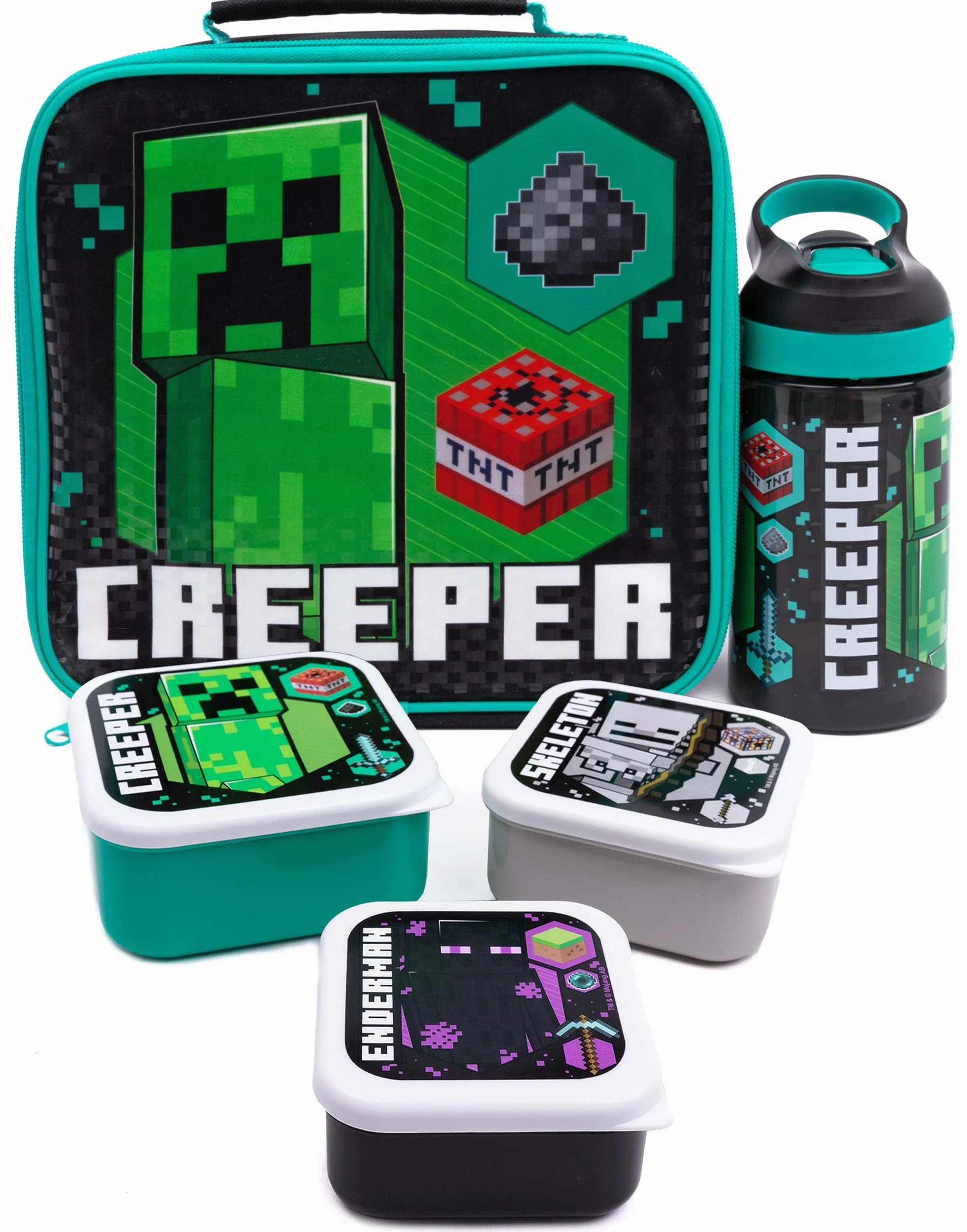 MINECRAFT Lunchbag Kids Creeper Bottiglia d'acqua a sacchetto da 5 pezzi 3 pentole per snack