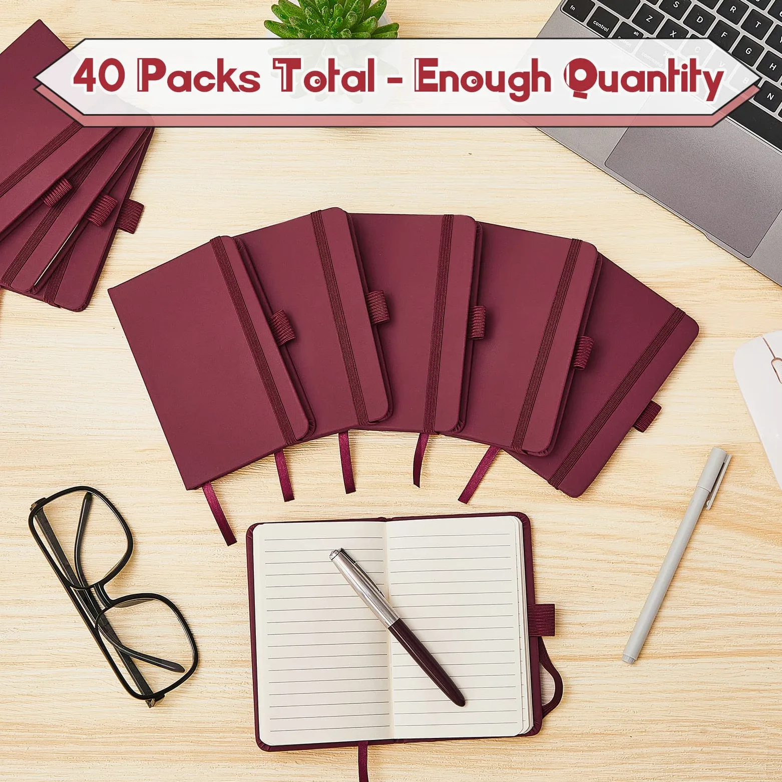 40 quaderni piccoli formato A6 tascabili da 8,5 x 15,5 cm, mini diario a righe con fascia elastica per penne e pagine per diario scolastico e ufficio (rosso vino)