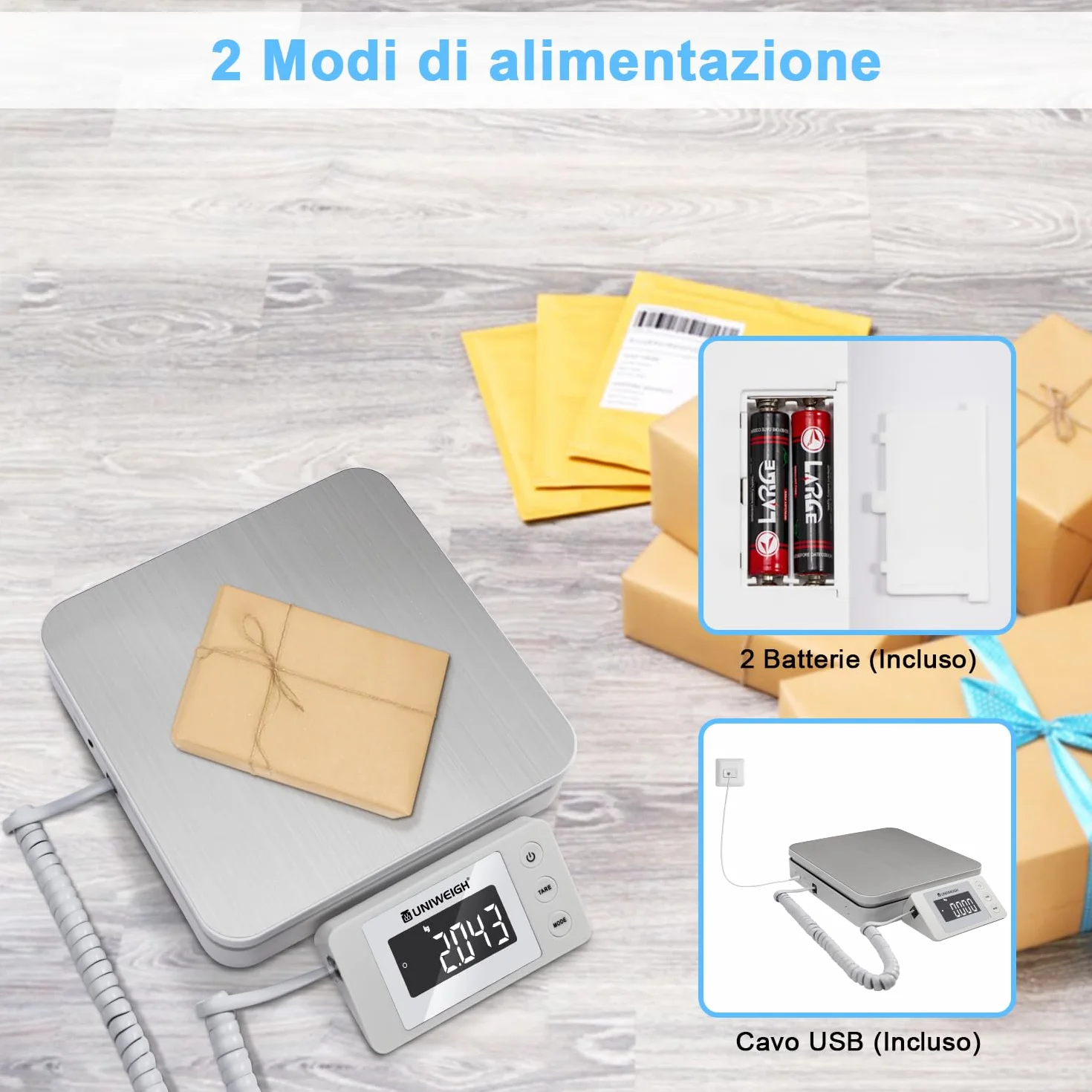 UNIWEIGH Bilancia postale digitale 39,9 kg/2,8 g con tara e display LCD per pacchi