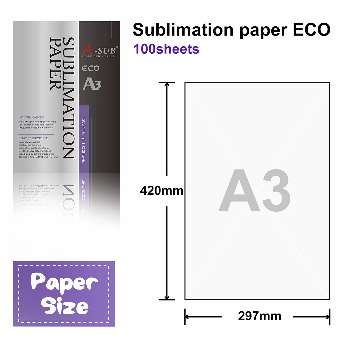 A-SUB Carta per sublimazione A3 297x420 mm 100 fogli Compatibile EPSON SAWGRASS RICOH BROTHER