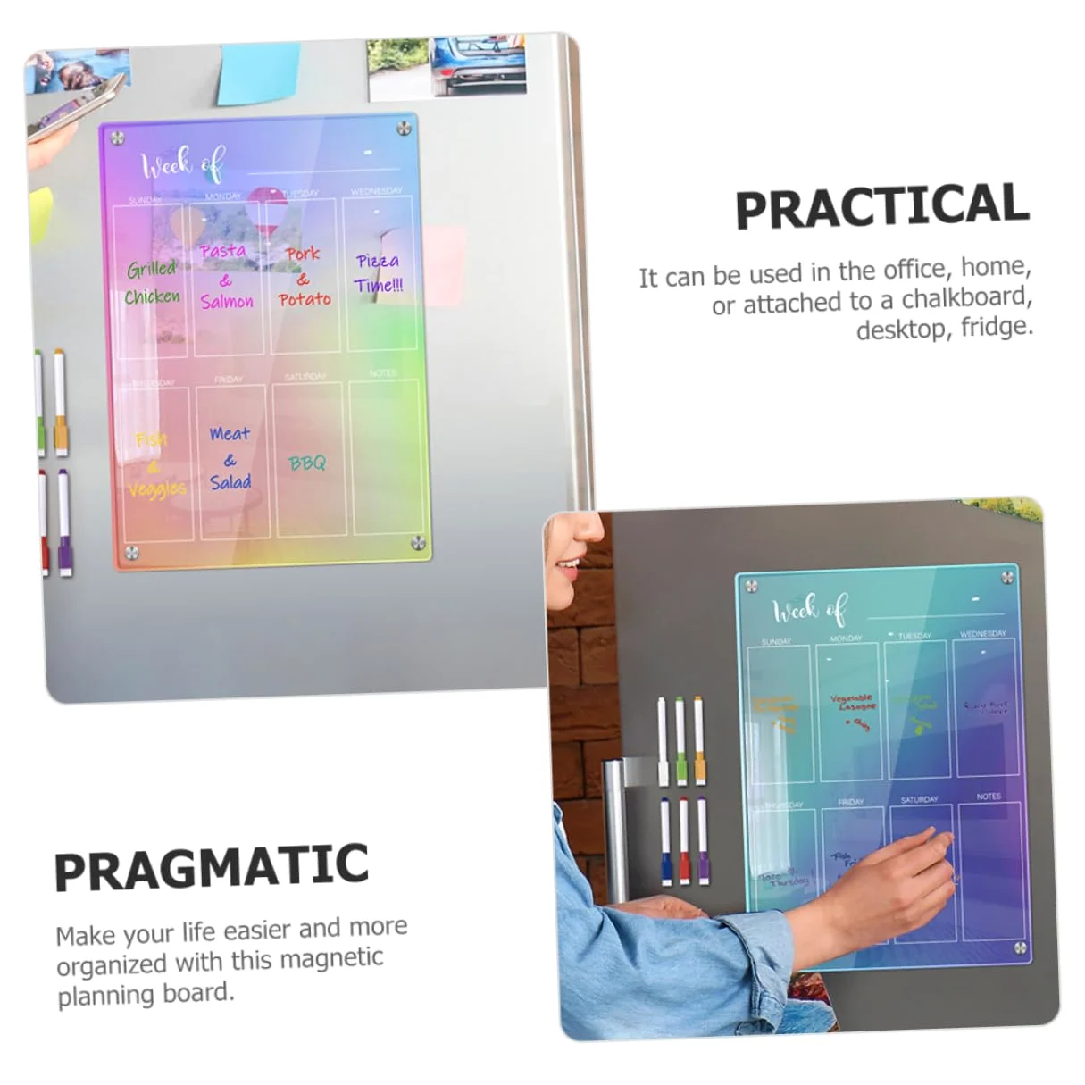 OSALADI 1 Set Set di penna di blocco note frigorifero calendario magnetico agenda settimanale magnetica Consiglio di pianificazione giornaliero lavagna magnetica trasparente Acrilico