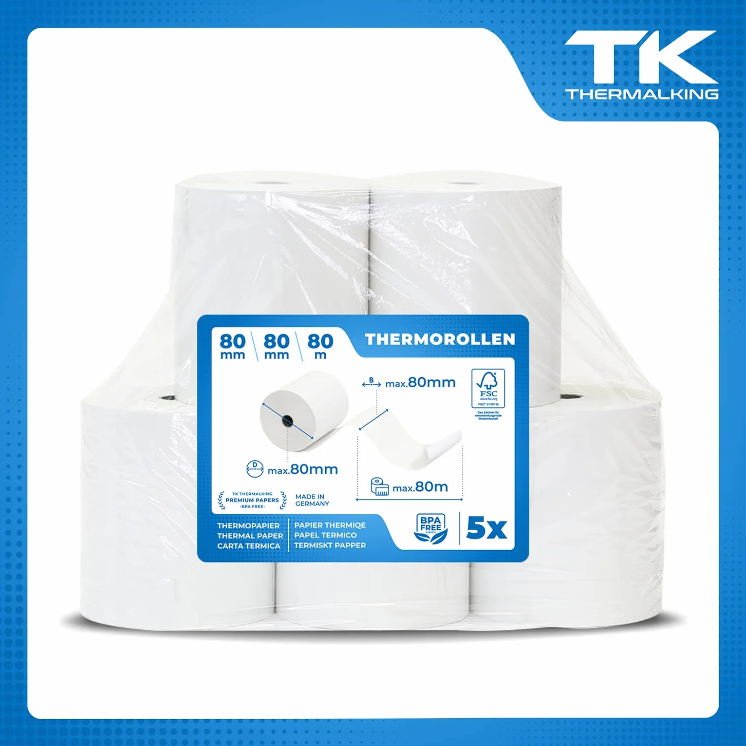 THERMALKING Rotoli Cassa Termica Fiscale 80x80x12mm 80mm x 80m 5x