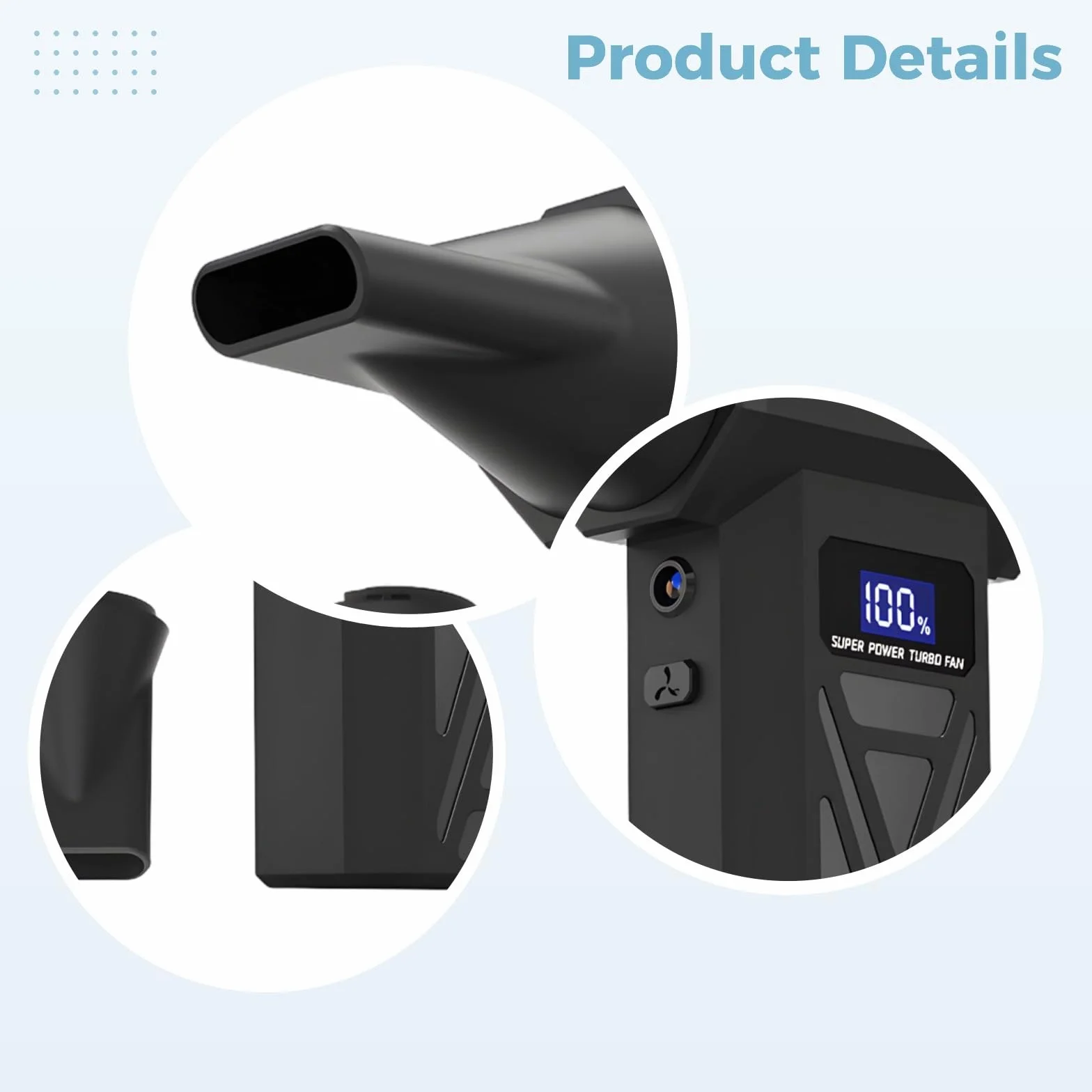 Cordless Air Duster P70, mini soffiatore portatile con 5 ugelli e ventola turbo, batteria 4000 mAh, 13,5 cm, nero