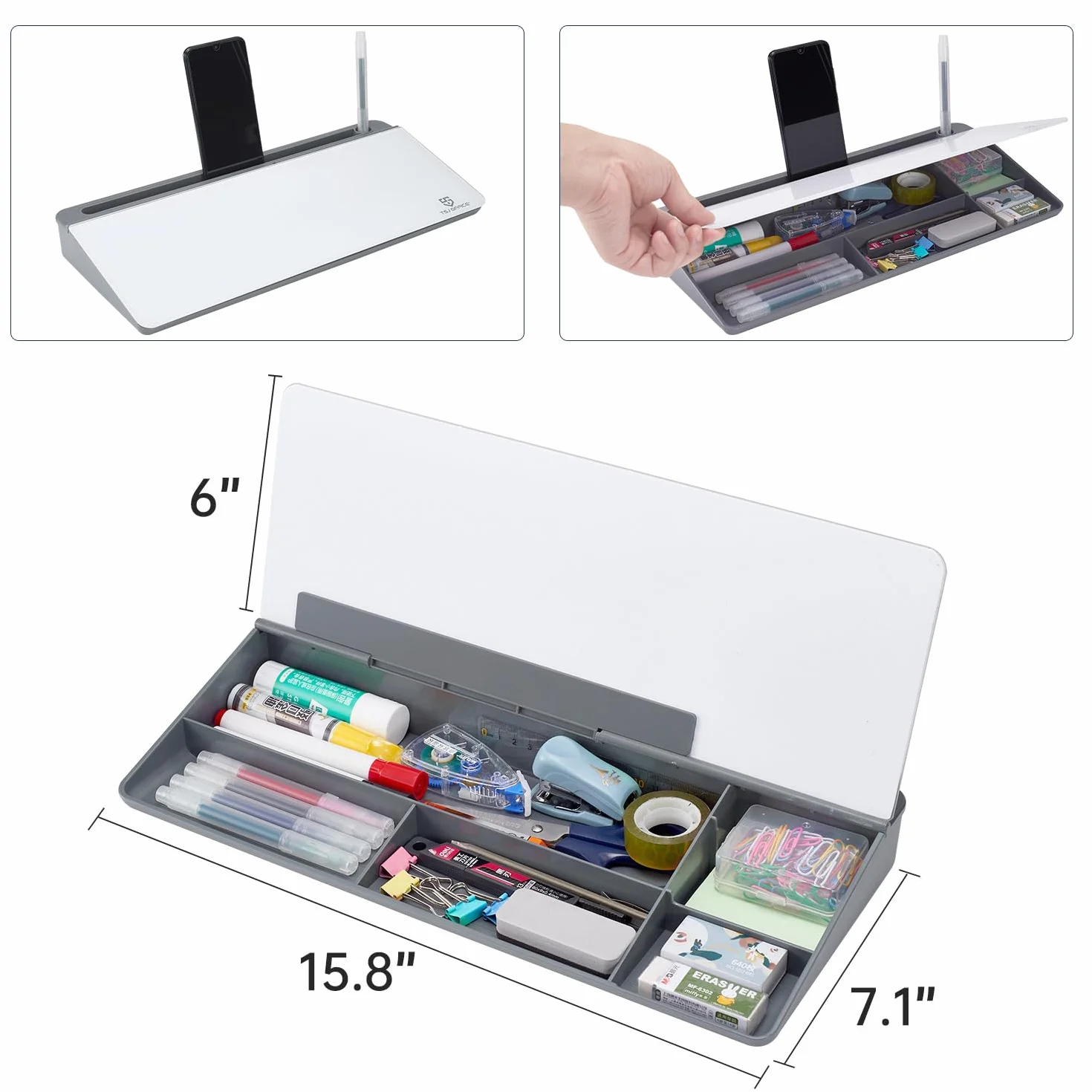 Lavagna bianca da scrivania in vetro, cancellabile a secco, supporto per tastiera del computer, con cassetto, organizer da scrivania con accessori per ufficio, casa, scuola