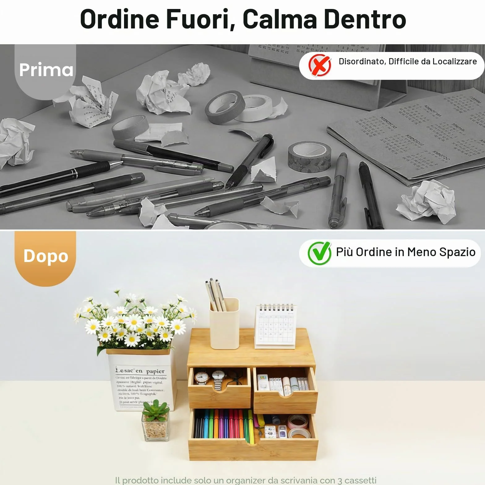 Organizer da scrivania in bambù con cassetti, mini cassettiera in bambù, design monoblocco, scatola per trucco con 3 cassetti, per ufficio, soggiorno e camera da letto