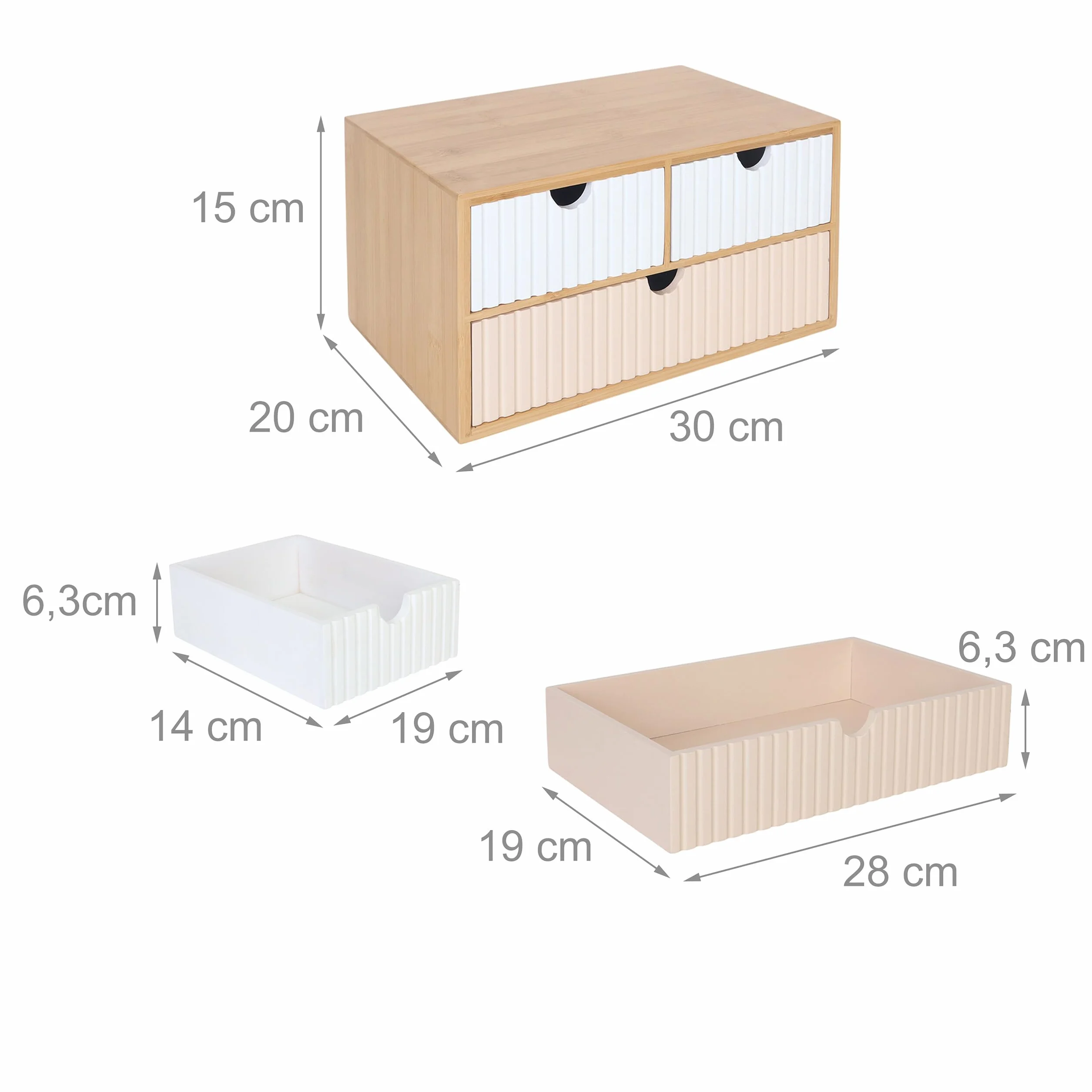 Contenitore a cassetti Relaxdays, bambù e MDF, 3 cassetti, H x L x P: 15 x 30 x 20 cm, Organizer scrivania, Bianco/Rosa