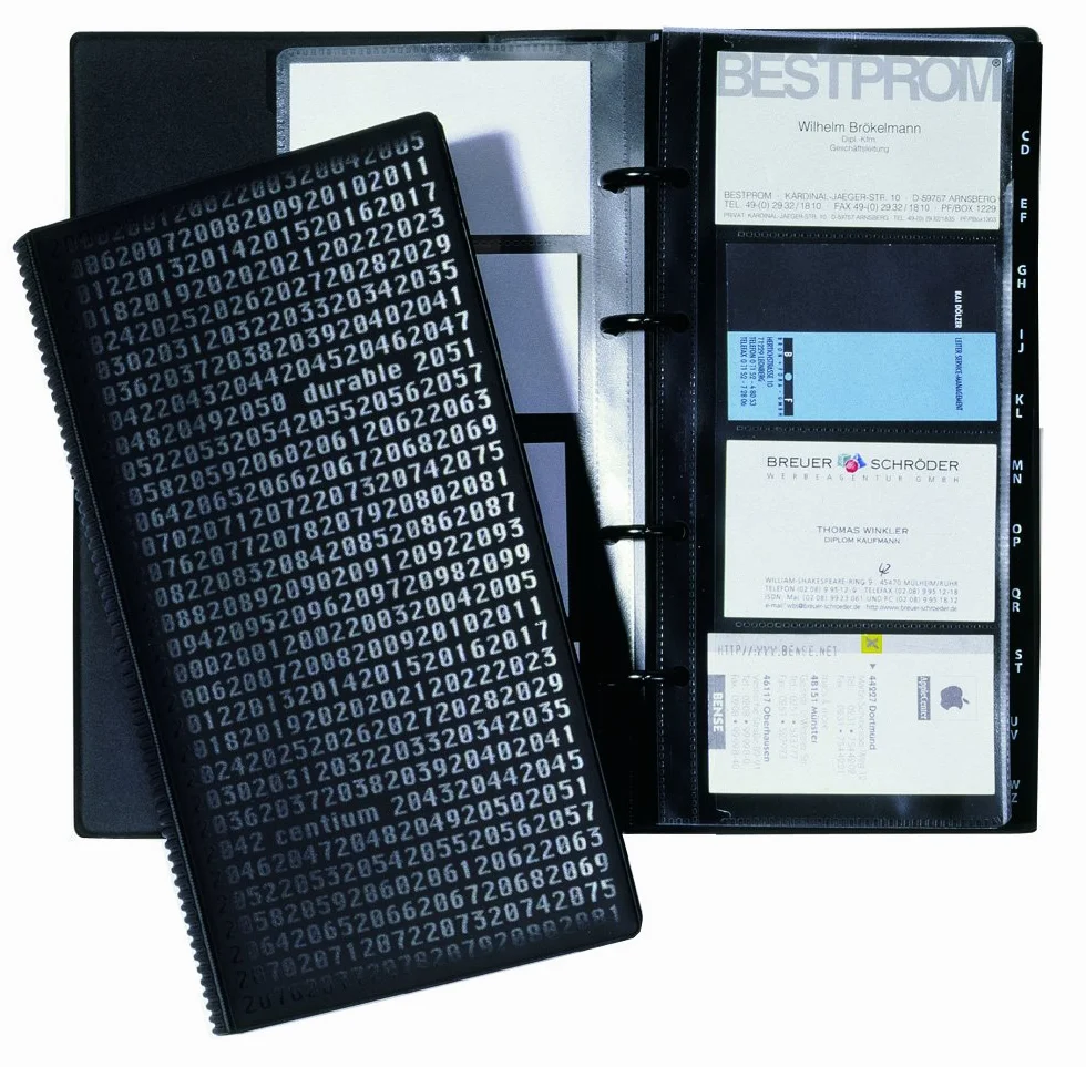 Durable 240301 Visifix Centium, Album Portabiglietti da Visita ad Anelli, Copertina Decorata, 200 Biglietti, Indice Alfabetico 12 Tasti, Ampliabile, 145x255 mm, Nero