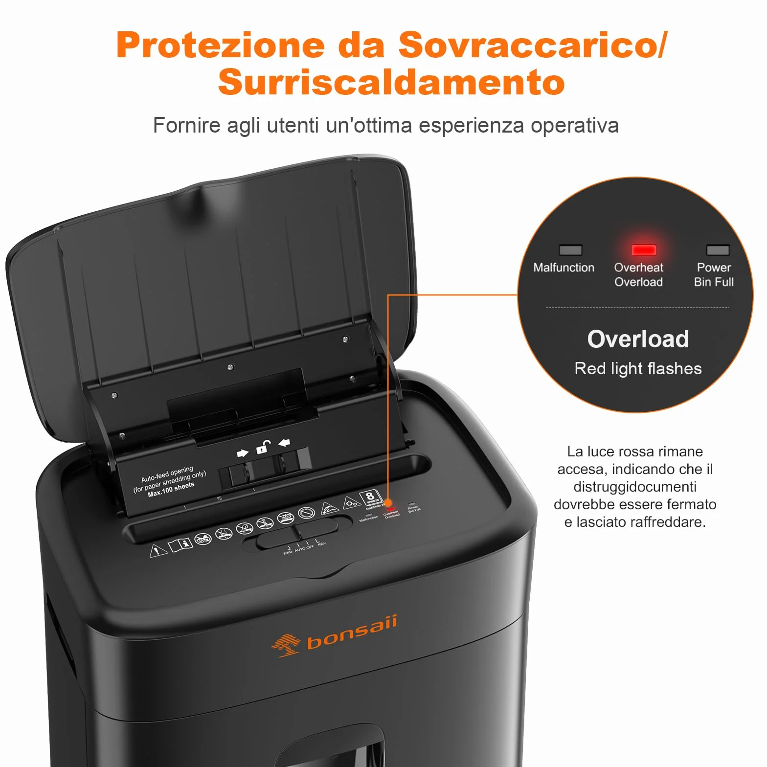 Bonsaii Distruggidocumenti, taglio micro-particellare P4, alimentazione automatica fino a 100 fogli, sistema anti-intasamento, 30 min continuo, contenitore da 16L – Per ufficio e casa, C231-D