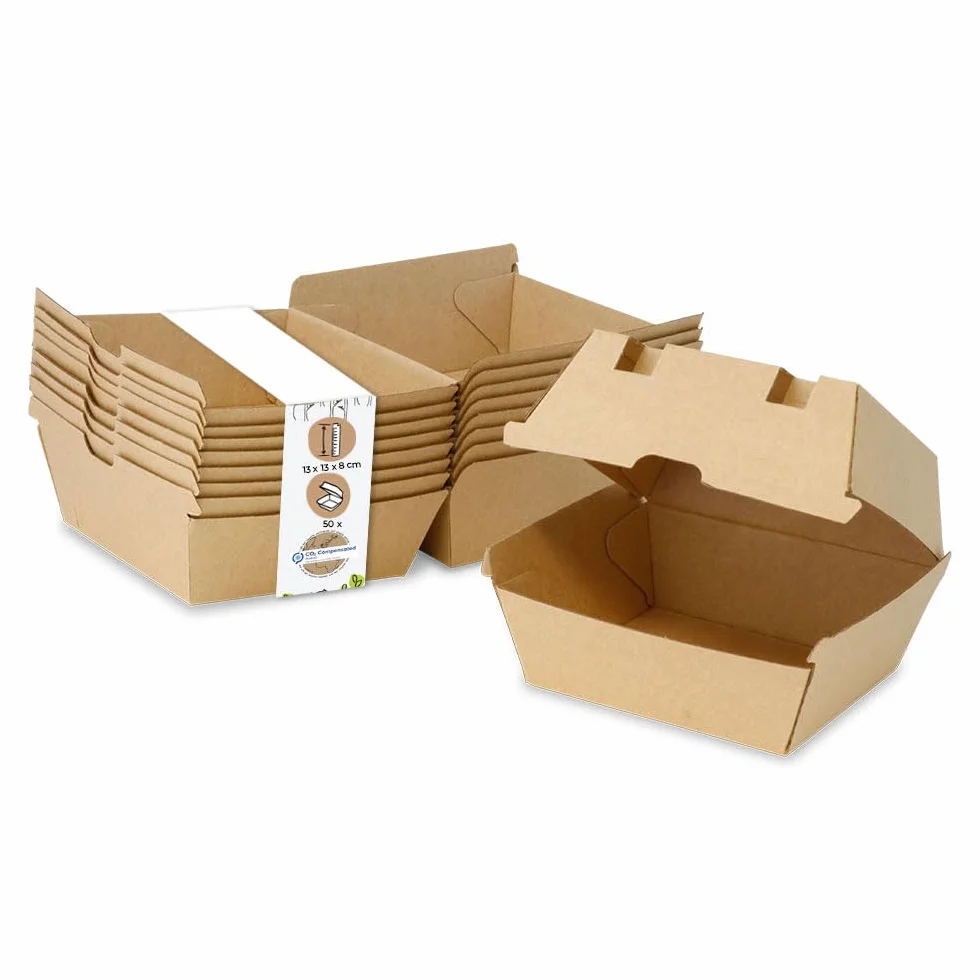 BIOZOYG Take Away Burger Box 50 pezzi resistente hamburger box con coperchio alto a cerniera in cartone kraft 13 x 14 x 8 cm biodegradabile