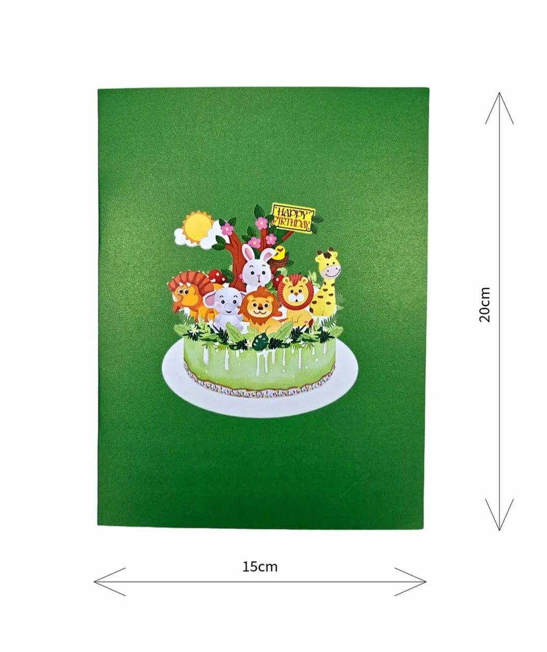 Biglietto di auguri pop-up 3D Animali sulla torta Compleanno bambini 15 x 20 cm Safari Animali con busta