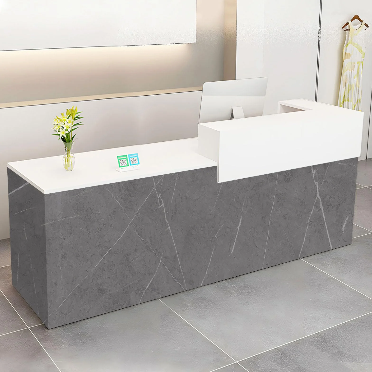 Bancone Reception con Cassetto e Ripiani Aperti, 100–240 cm Banco Reception Moderno per Uffici, adatto per Saloni, Hall e Negozi al Dettaglio