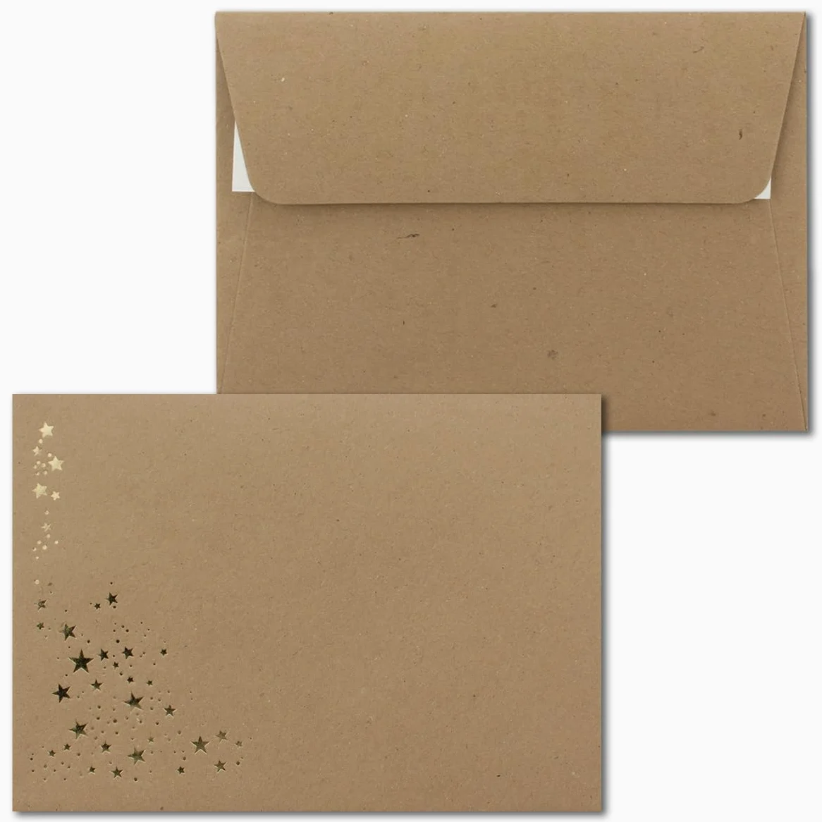 250 buste natalizie – DIN C6 – con pioggia stellata in rilievo oro metallizzato, colore: marrone sabbia, adesivo adesivo, 120 g/m², 114 x 162 mm