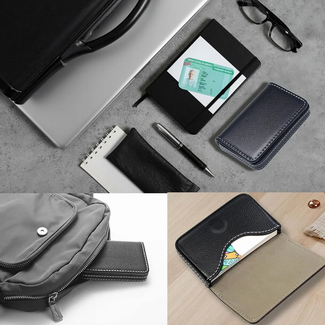Porta biglietti da visita in pelle PU con fibbia magnetica, Acciaio Inox, Nero