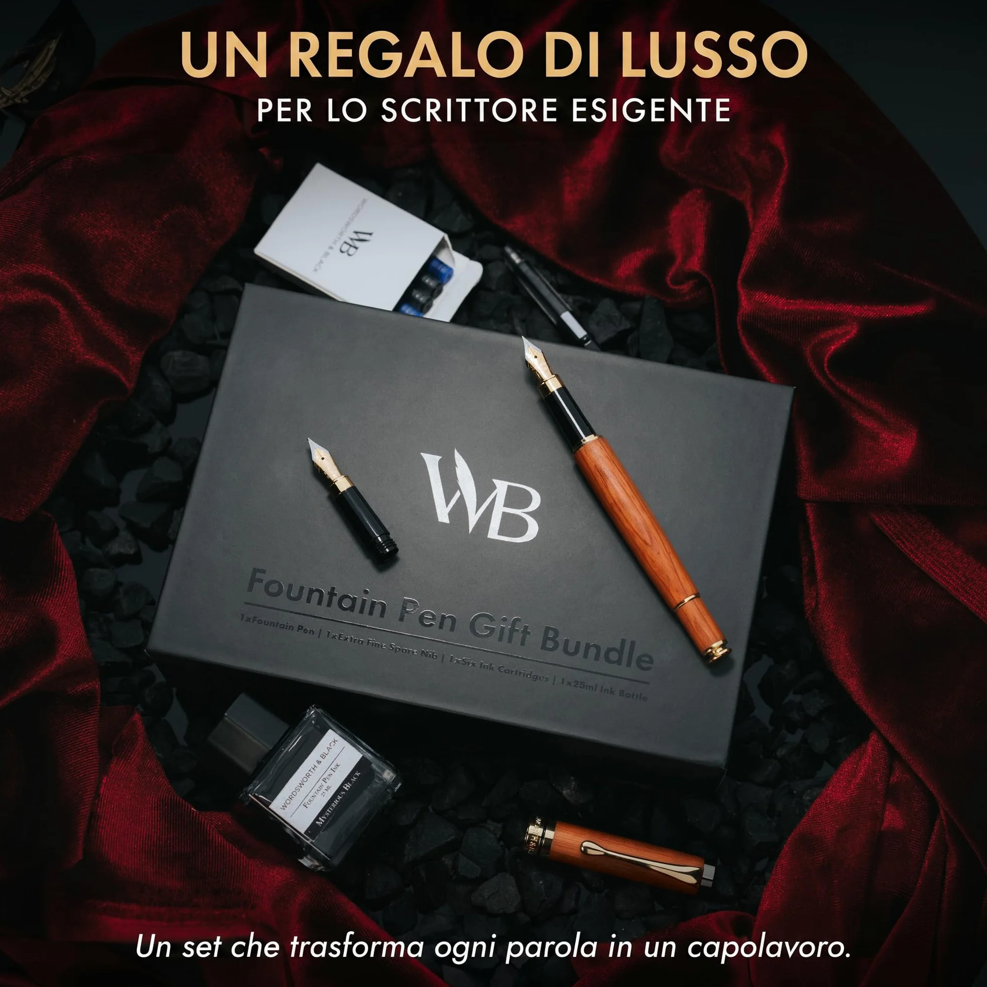 Wordsworth & Black's Set di Penne Stilografiche Lusso Legno di Bambù Pennino Medio Pennino Extra Fine Custodia Regalo Boccetta di Inchiostro Nero da 25ML 6 Cartucce di Inchiostro [Legno di Ciliegio]