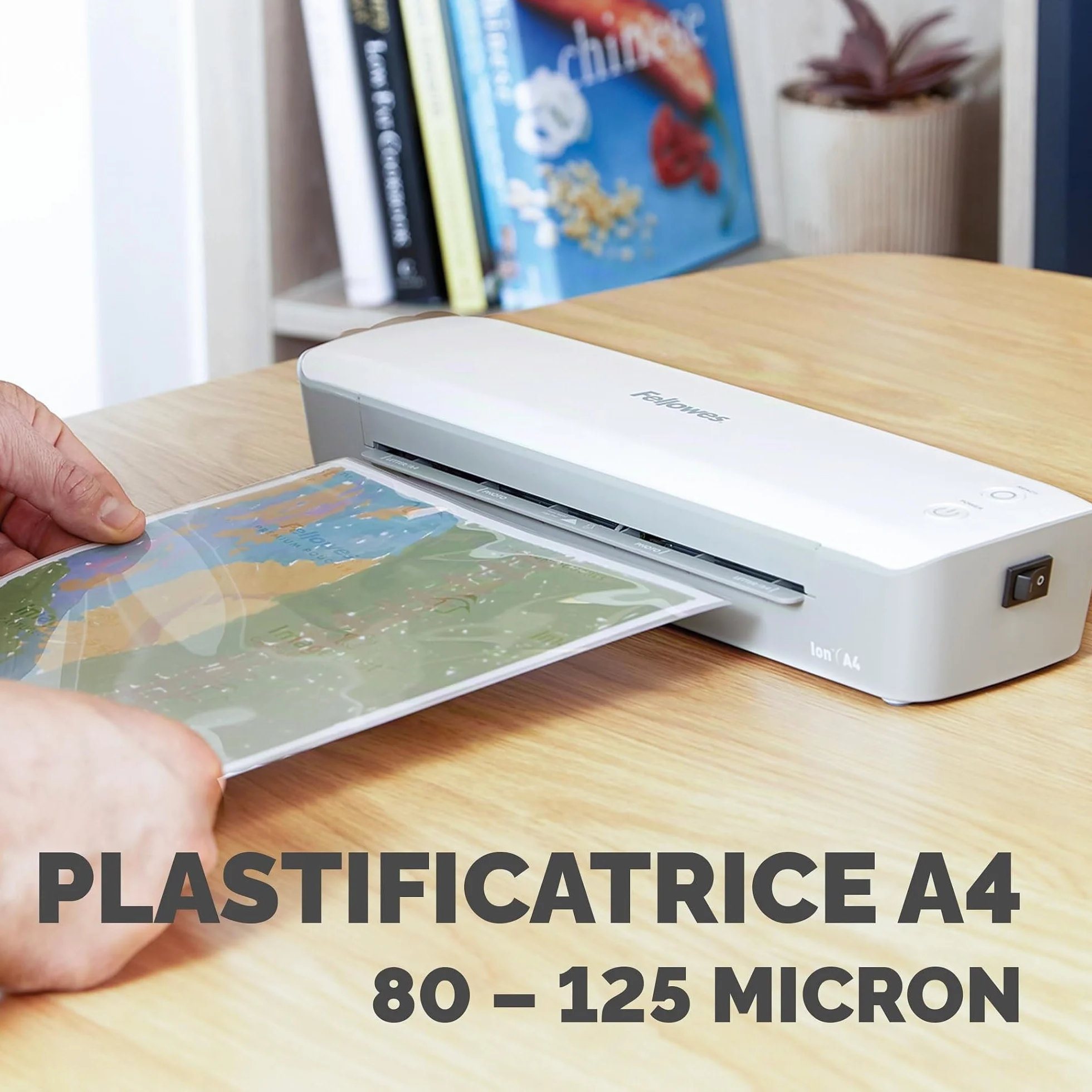 Fellowes plastificatrice Ion A4, formato A4, fino a 125 micron, per casa e ufficio, plastificatrice con leva di sblocco e modalità riposo, riscaldamento in 4 minuti, incluso starter pack di 10 pouches