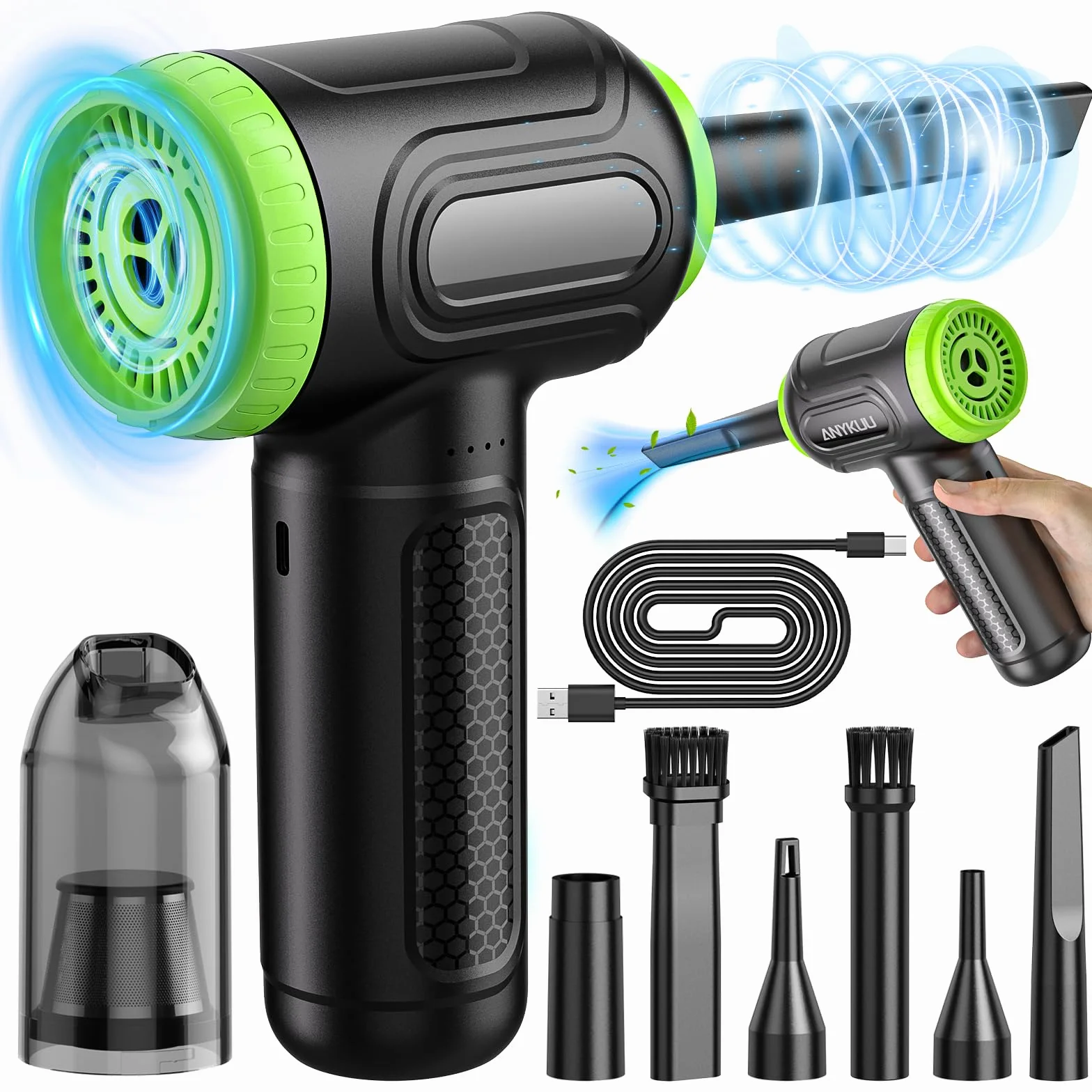 Anykuu Soffiatore elettrico polvere 91000 RMP 80W 3 marce Spolverino aria compressa potente batteria ricaricabile 7600 mAh tastiera/PC/auto/ufficio