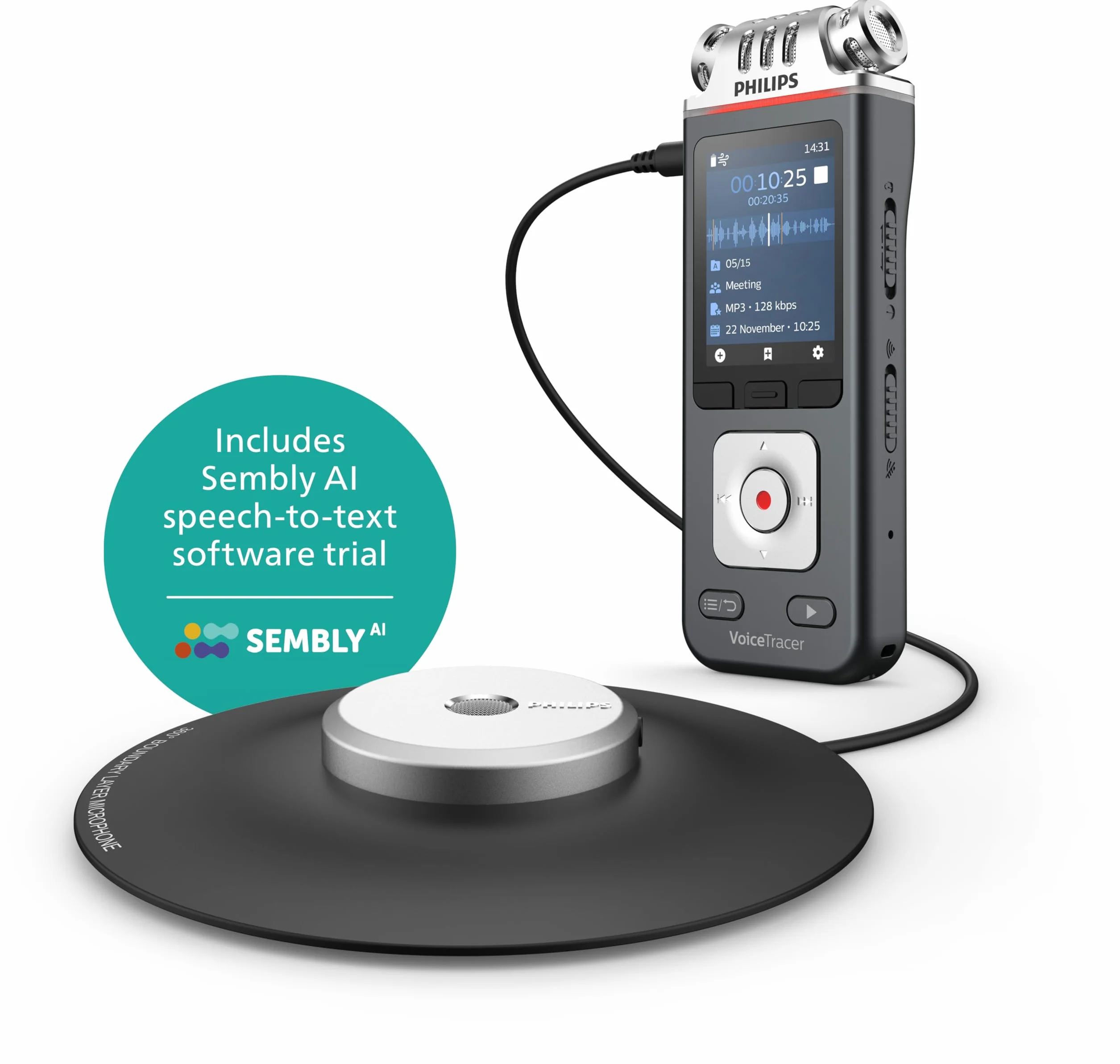 Philips VoiceTracer DVT8115 registratore vocale, Microfono a 360° per riunioni con qualità eccellente. Licenza AI Sembly in prova: l’Intelligenza Artificiale crea riassunti, trascrizioni