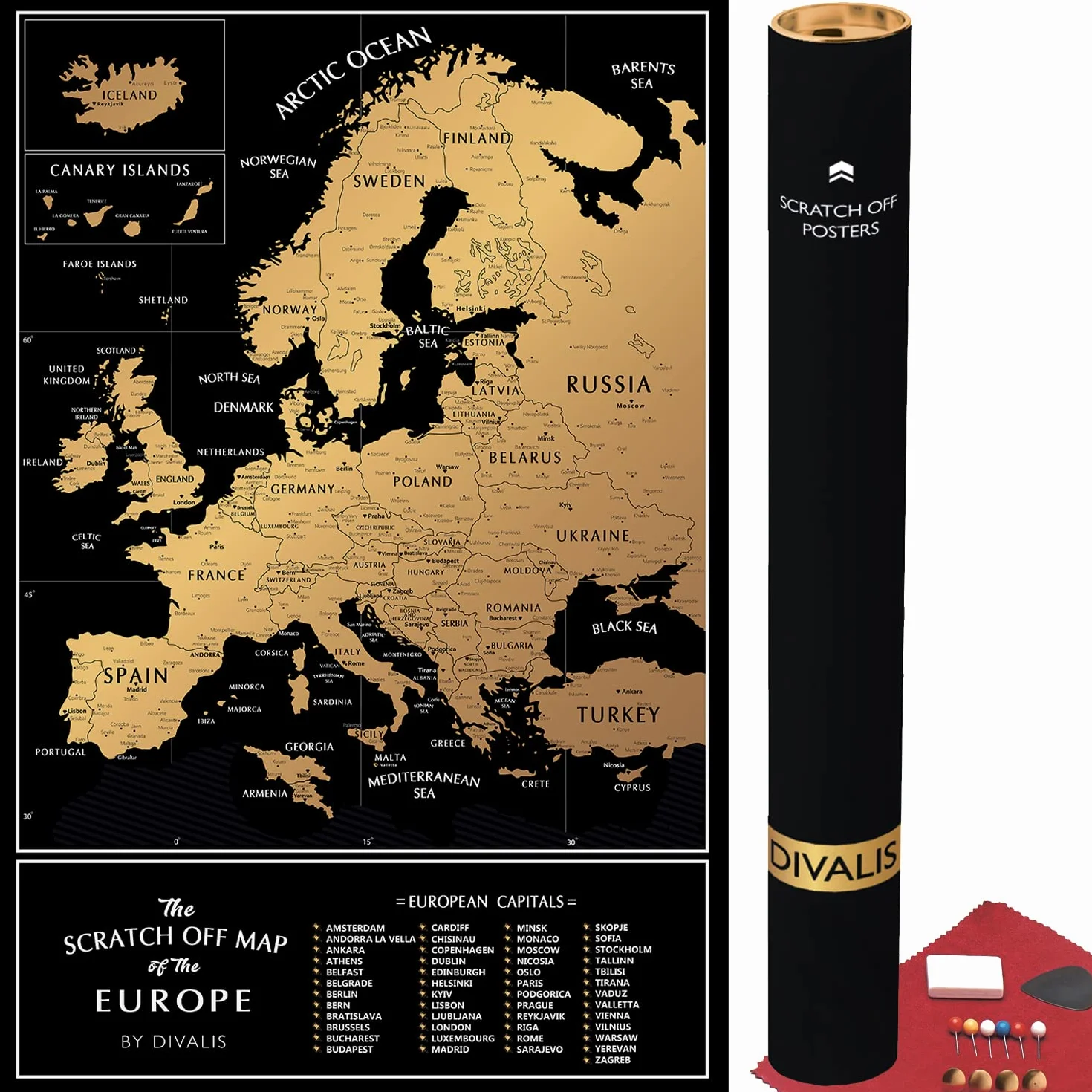 Mappa Europa da Grattare Facile da Incorniciare 60x40 cm – Mappa Europa Gratta – Poster di Viaggio Europa – Mappa Grattabile con Accessori – Travel Map Europe