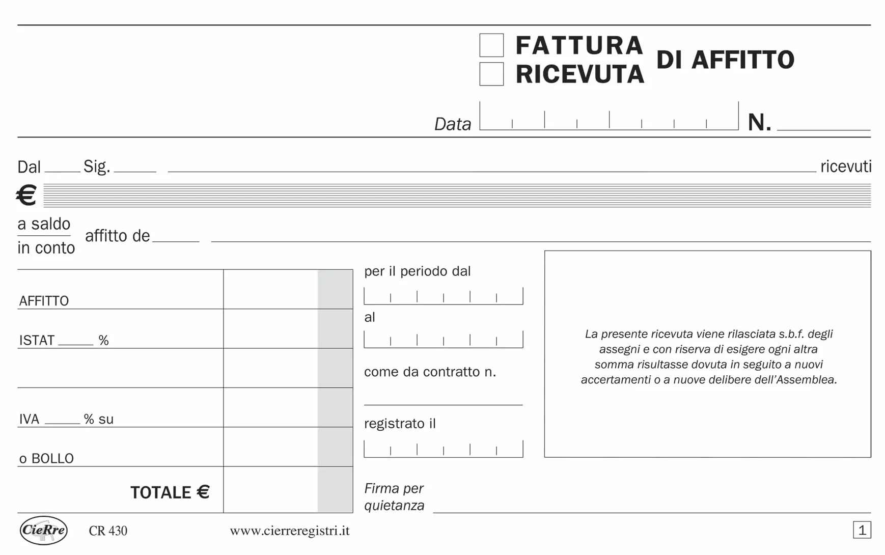 Blocco Ricevuta Fattura Affitto CR 430 50 moduli duplice copia 17x10 cm