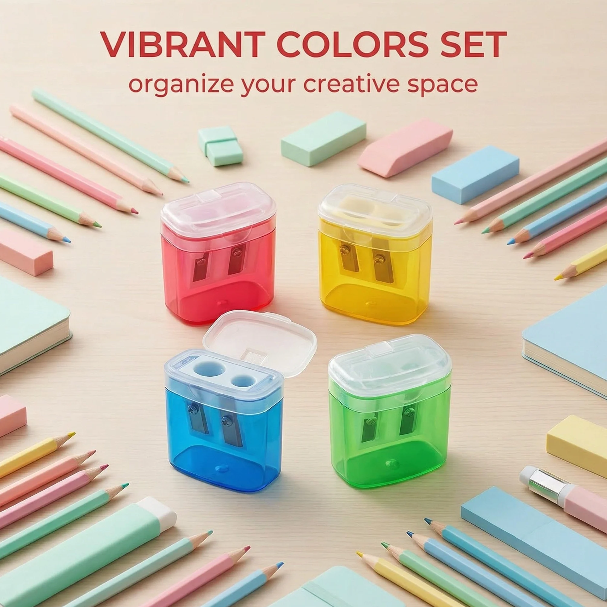 Temperamatite 4 Pezzi Doppi Fori 4x3.5x2Cm Rosso Giallo Blu Verde Bambini Scuola